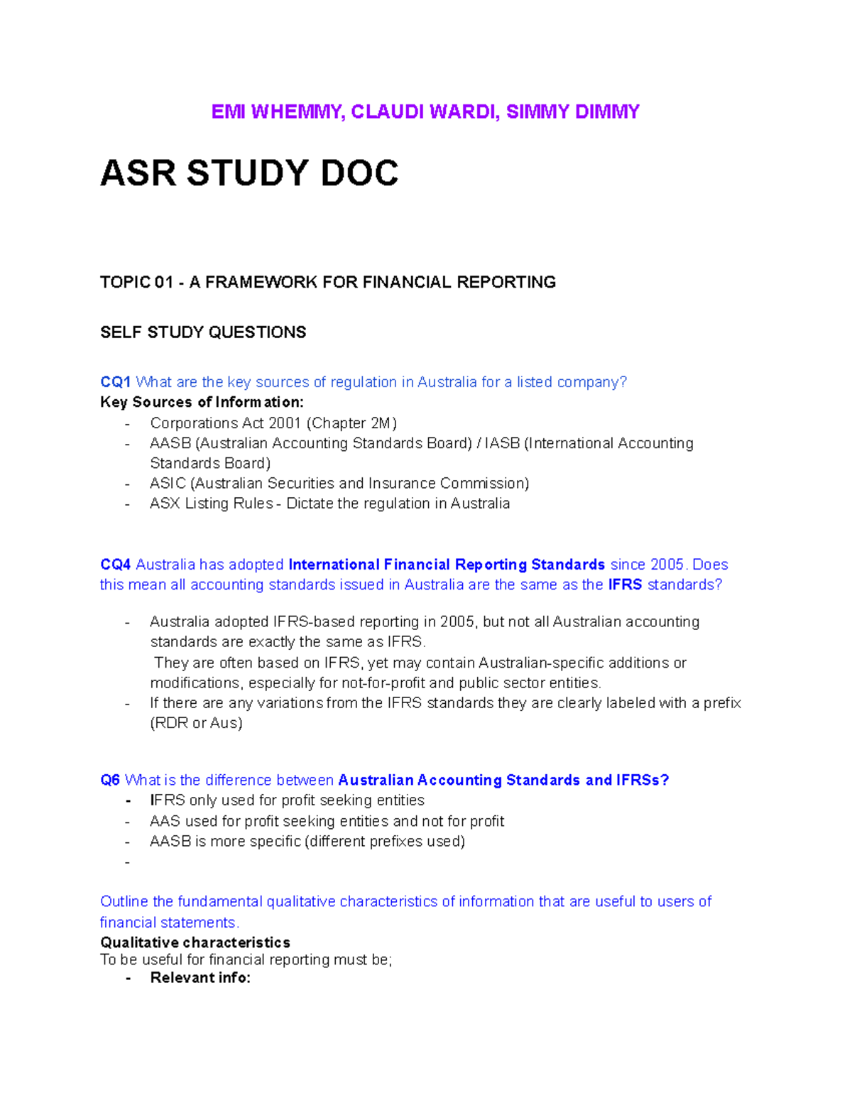 ASR Study Doc: Financial Reporting Framework & Self-Study Questions ...
