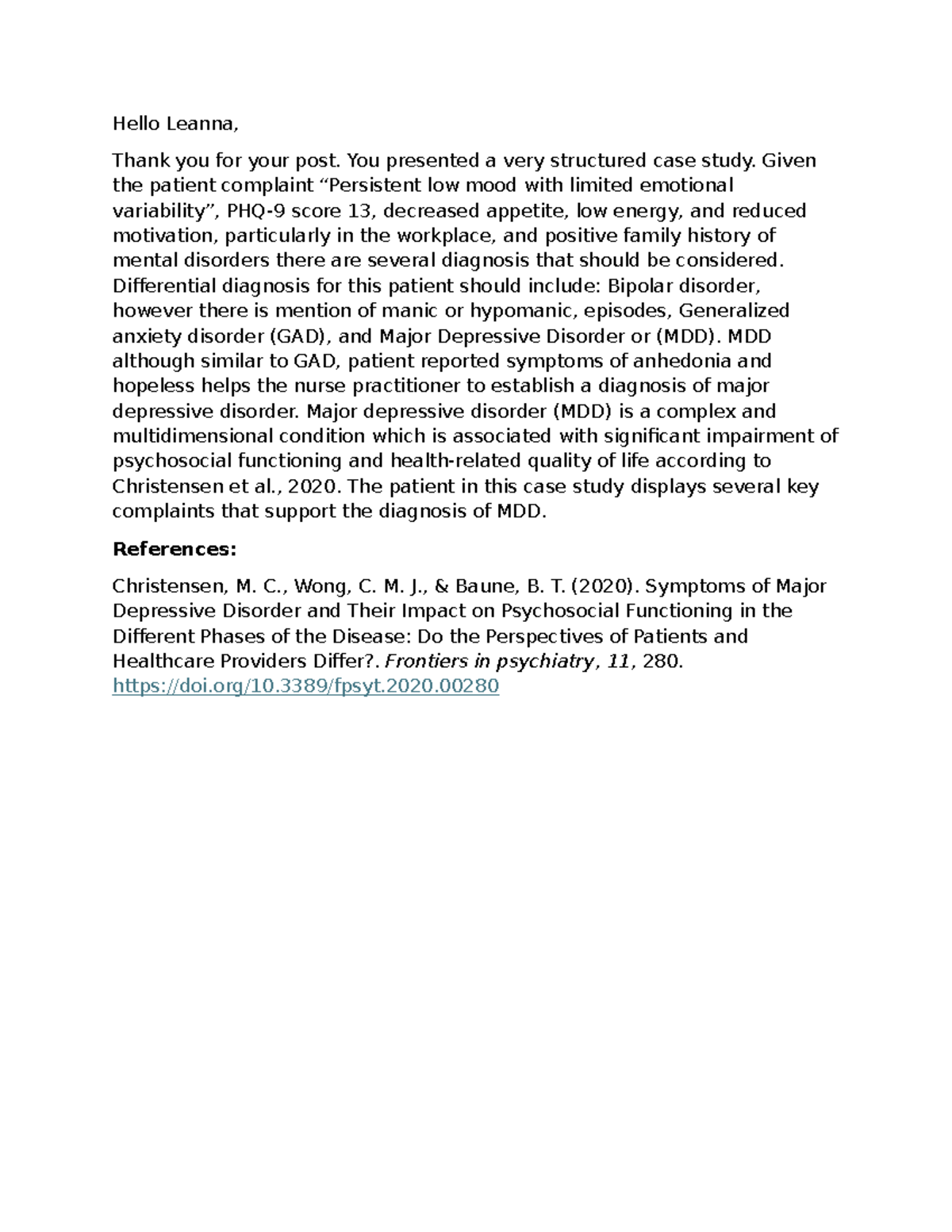 NUR 301 - Case Study on Major Depressive Disorder Diagnosis - Studocu
