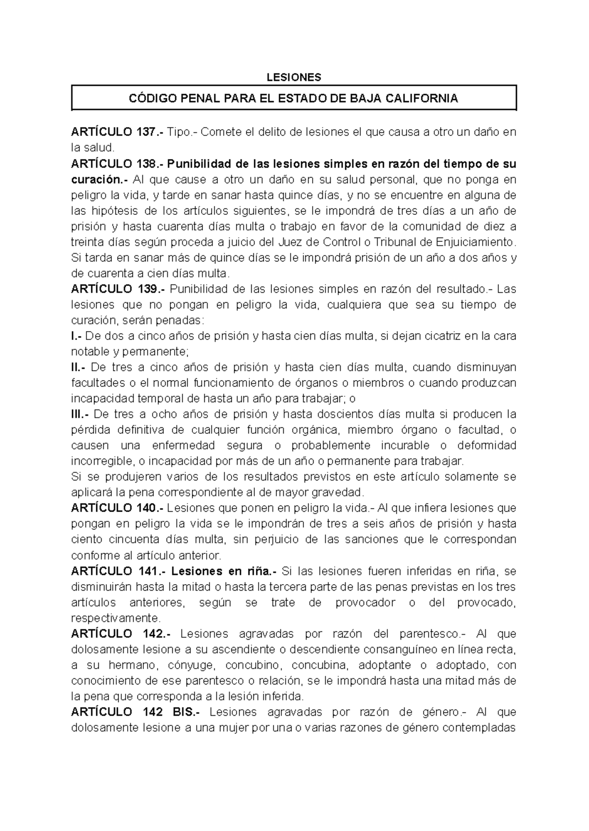 Lesiones según el Código Penal para el Estado de Baja California - Studocu