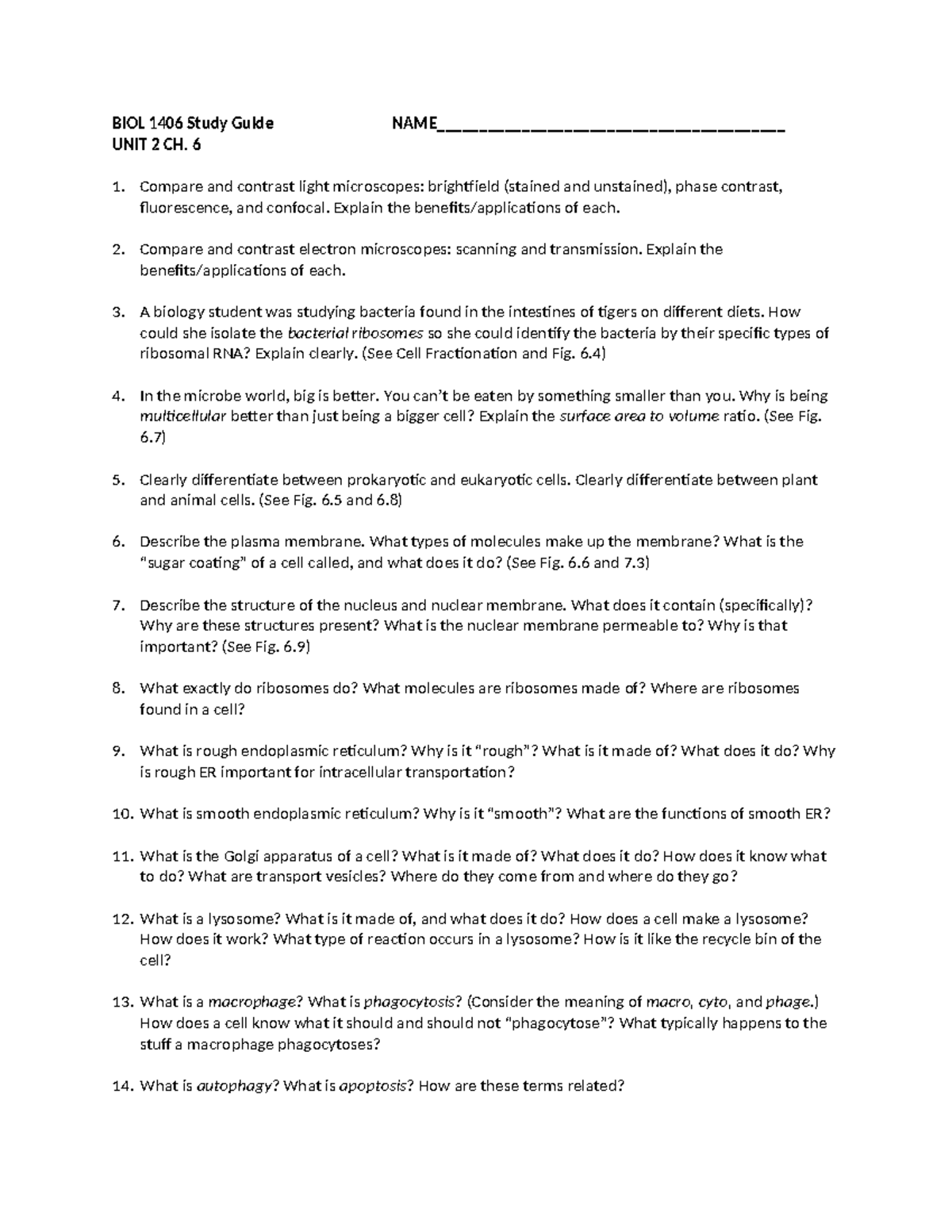 BIOL 1406 Study Guide: Unit 2 Chapter 6 Concepts and Comparisons - Studocu