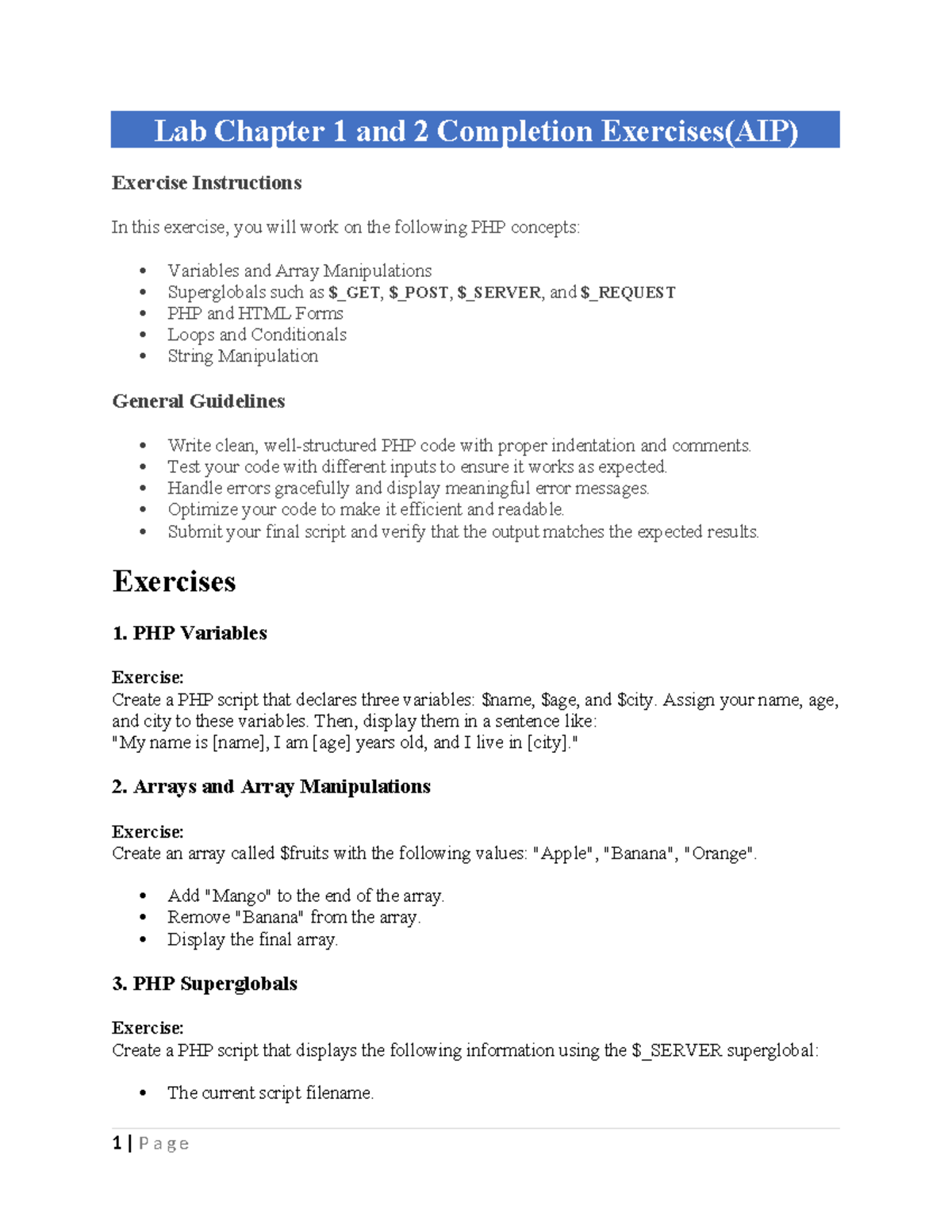 Lab Class Exercise 1 only - Lab Chapter 1 and 2 Completion Exercises ...