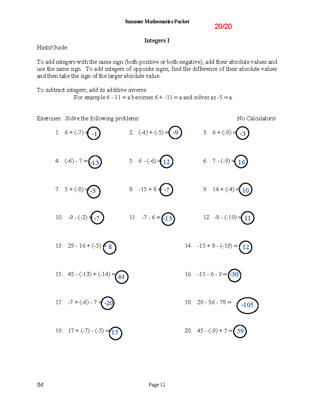 Kami Math - Summer Math Packet on Adding & Subtracting Integers - Studocu