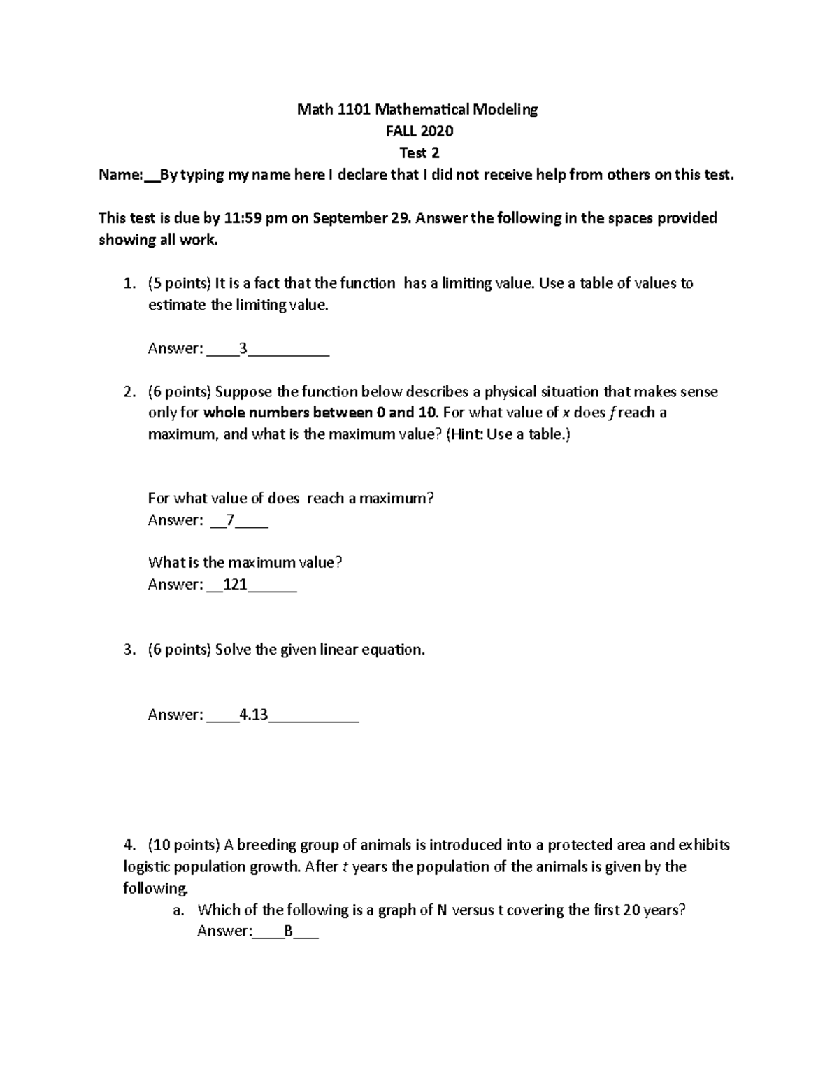 Math 1101 Test 2 FALL 2020 - Math 1101 Mathematical Modeling FALL 2020 ...