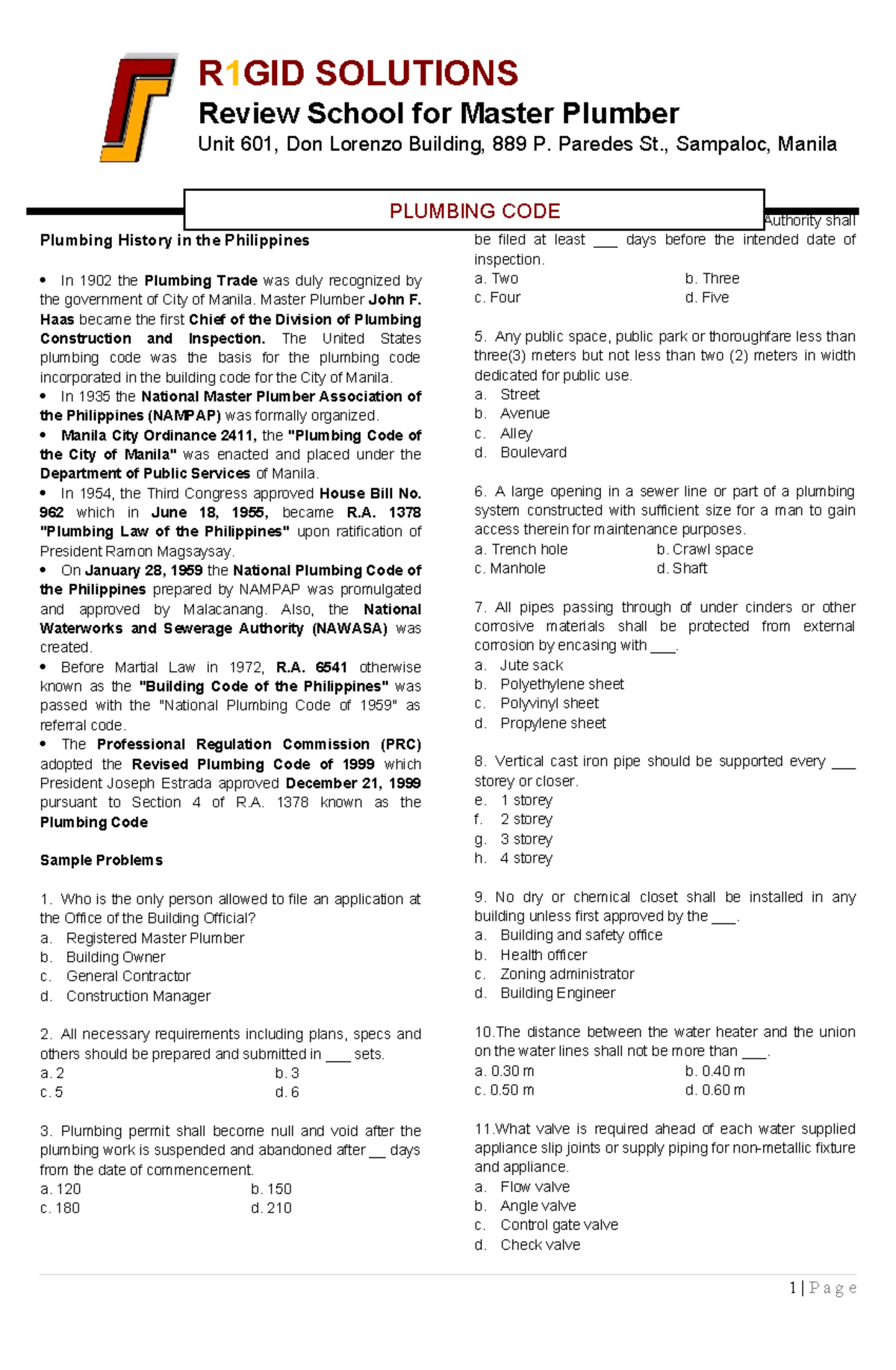 Plumbing Code - Help - R 1 GID SOLUTIONS Review School for Master ...