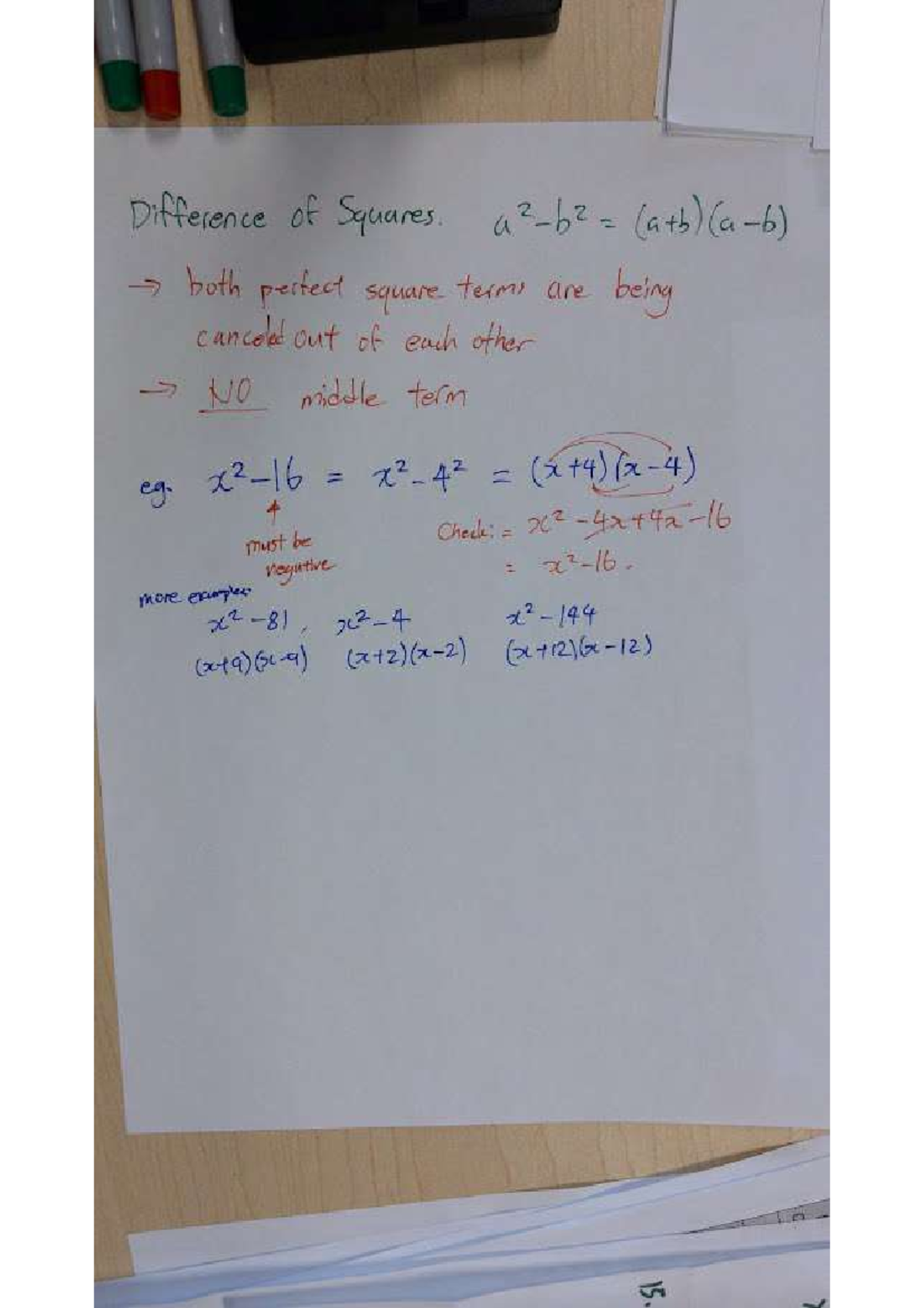 Difference of Squares - both perfect square terms are being canceled ...