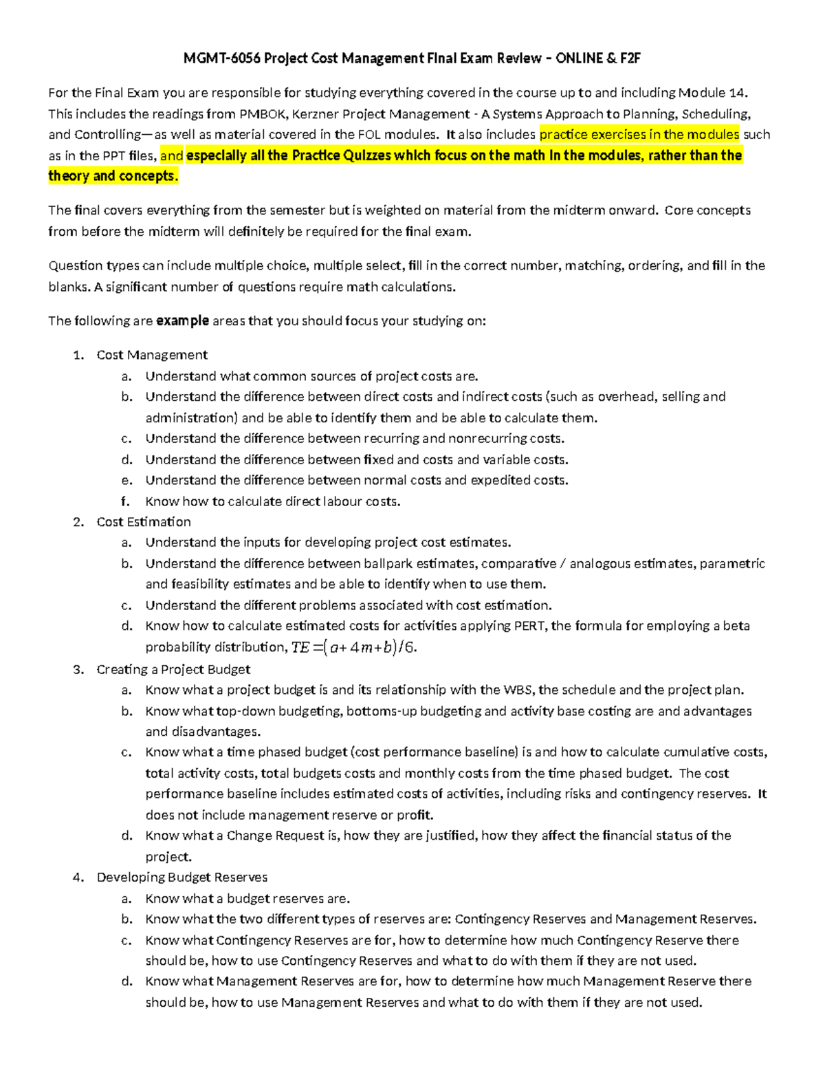 MGMT 6056 Project Cost Management Final Exam Study Guide Online & F2F ...