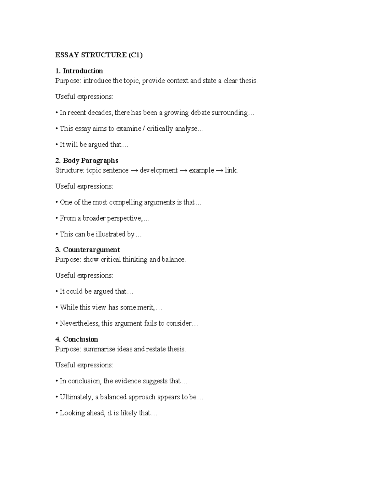 C1 ESSAY STRUCTURE GUIDE: INTRO, BODY, COUNTERARGUMENT, CONCLUSION ...