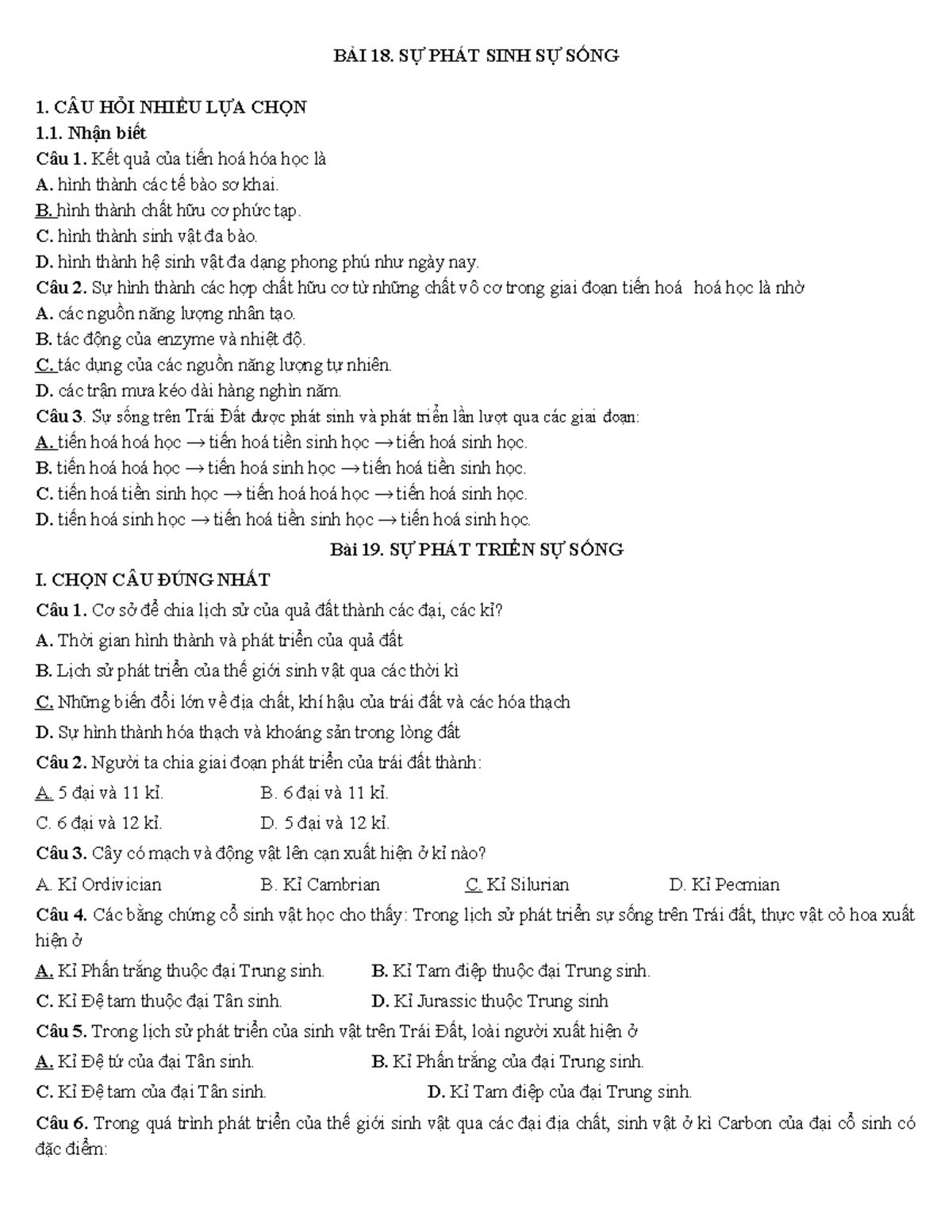 Đề Thi Trắc Nghiệm Sinh Học 12 - Cuối Kỳ 2 - Document Preview