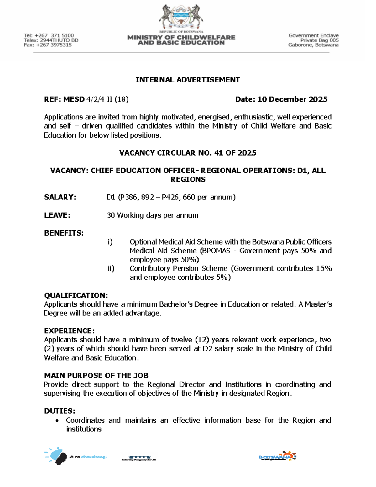 Internal Job Vacancies - Ministry of Child Welfare & Basic Education ...