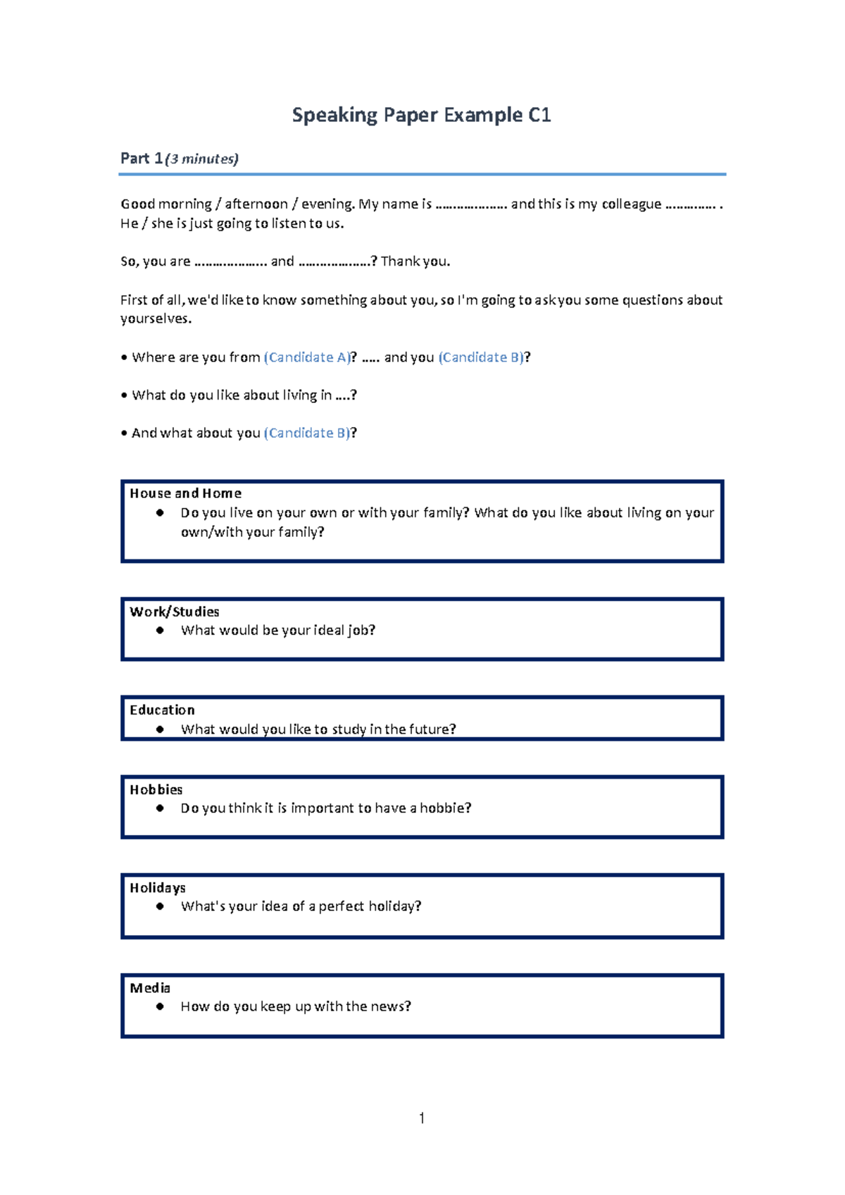 Speaking C1 Practice: Paper Example for Part 1 & 2 - Studocu