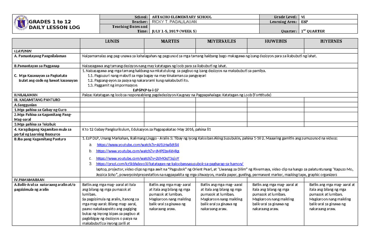 DLL ESP 6 Q1 W5 - Daily Lesson Log for Grade 6 - Studocu