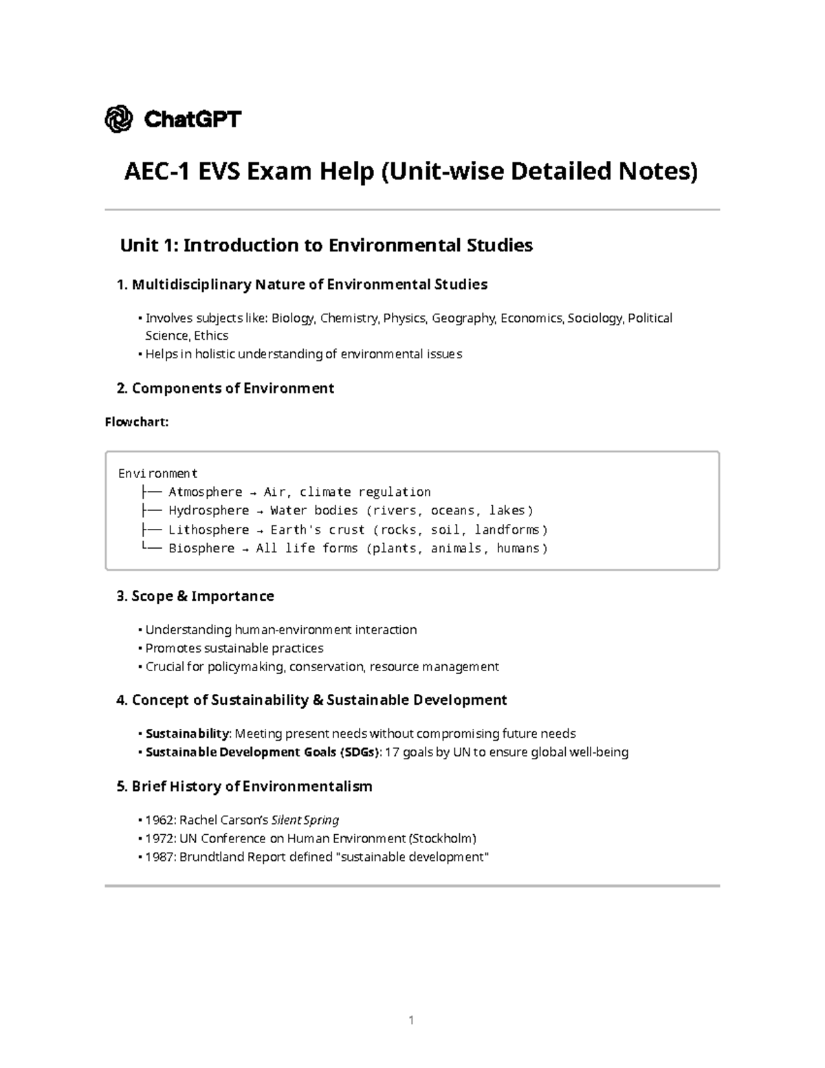 EVS AEC1 Exam Help: Comprehensive Notes on Environmental Studies - Studocu