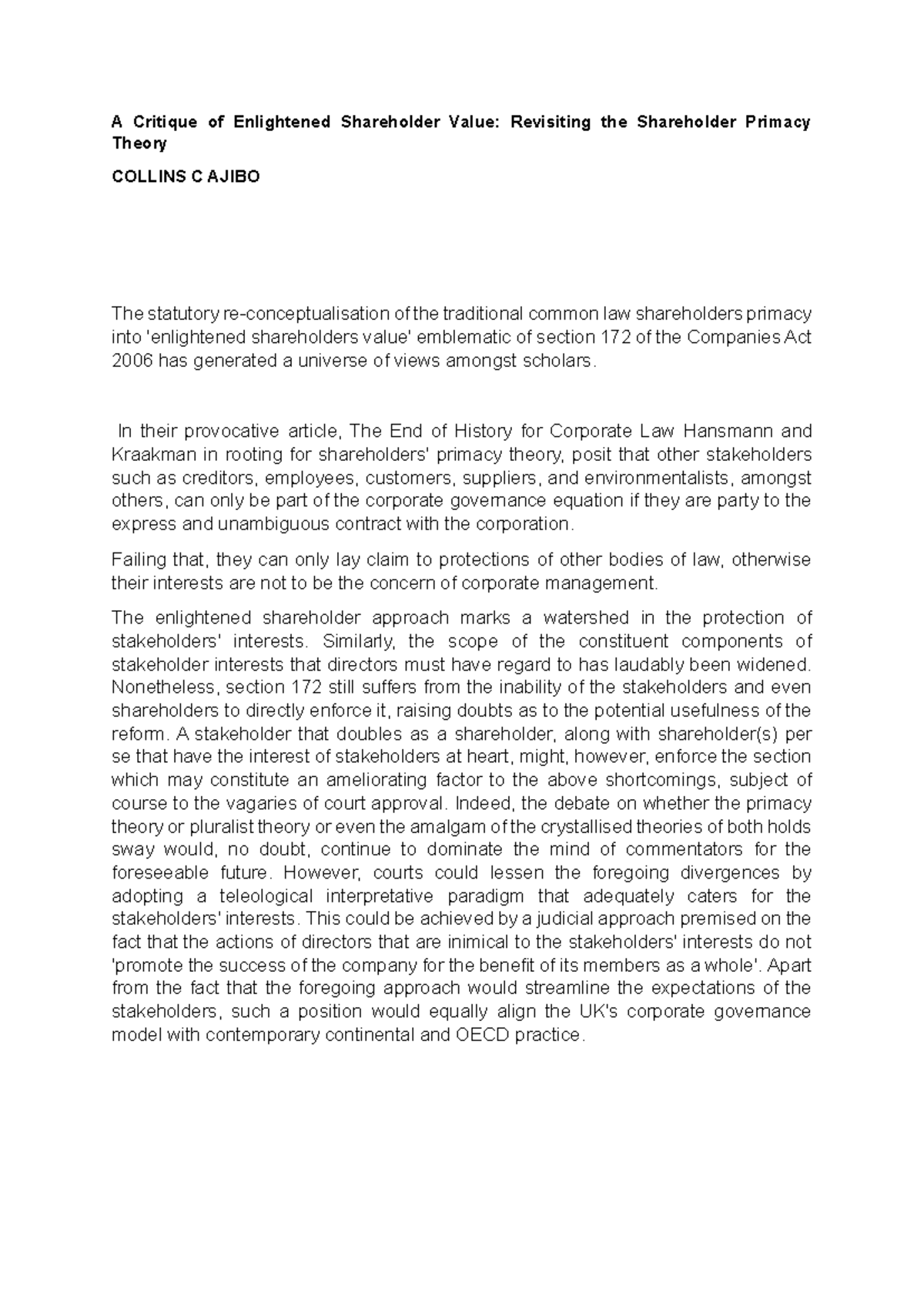 A Critique of Enlightened Shareholder Value: Revisiting Section 172 ...