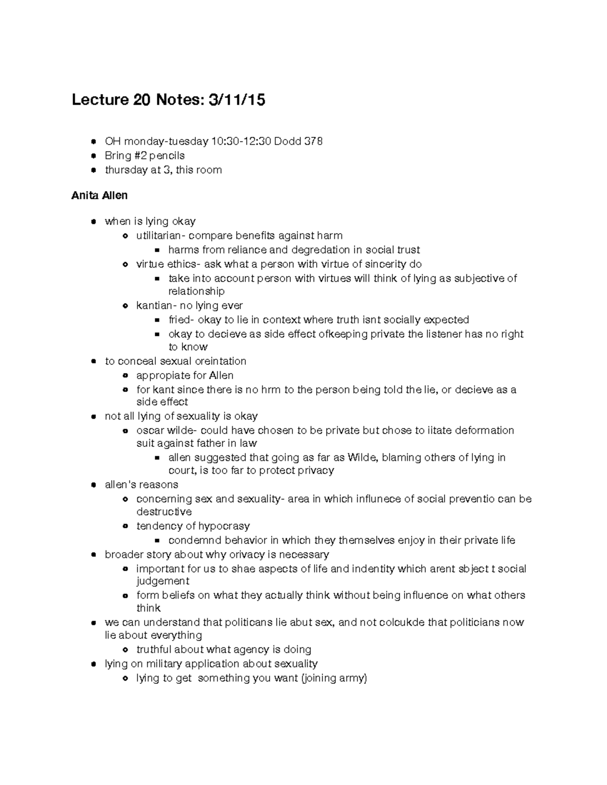 Philos 4 - Lecture 20 - Lecture Notes - Lecture 20 Notes: 3/11/ OH ...