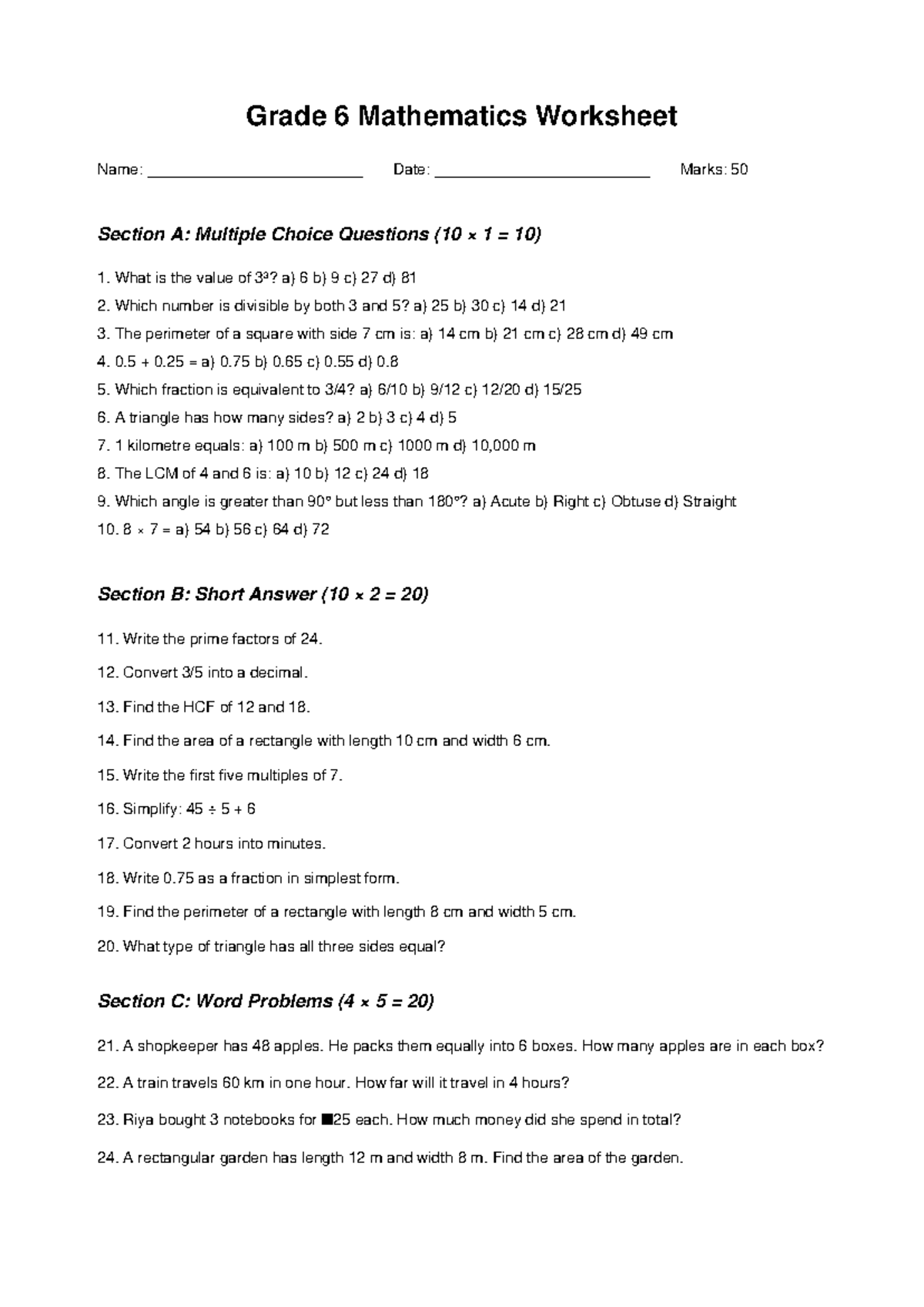 Grade 6 Math Worksheet: MCQs, Short Answers & Word Problems - Studocu