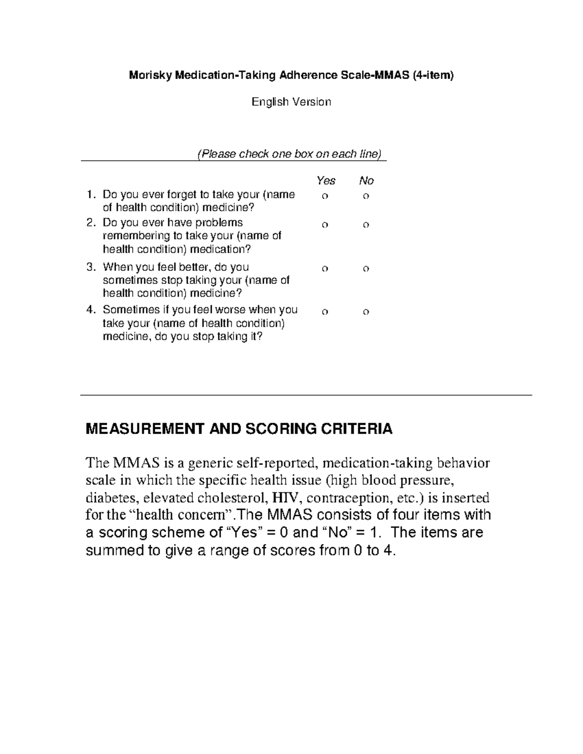 Morisky Medication Adherence Scale (MMAS) 4-Item Assessment Tool - Studocu