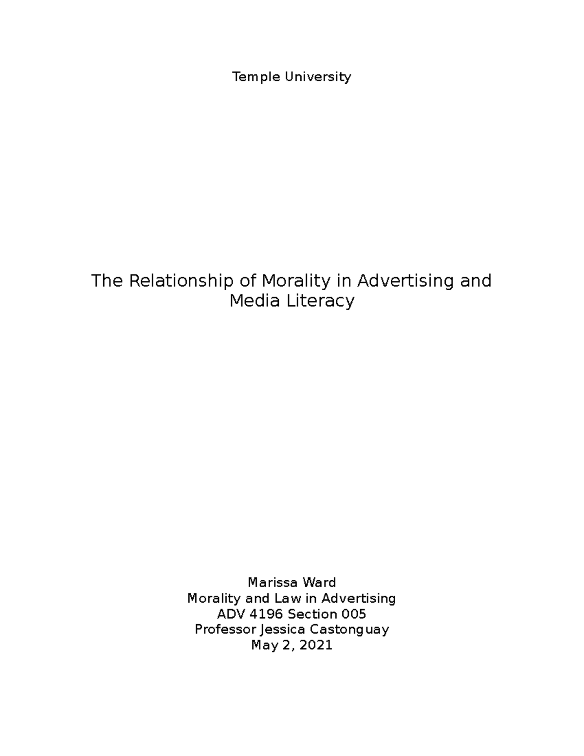 FINAL PAPER The Relationship of Morality in Advertising and Media ...