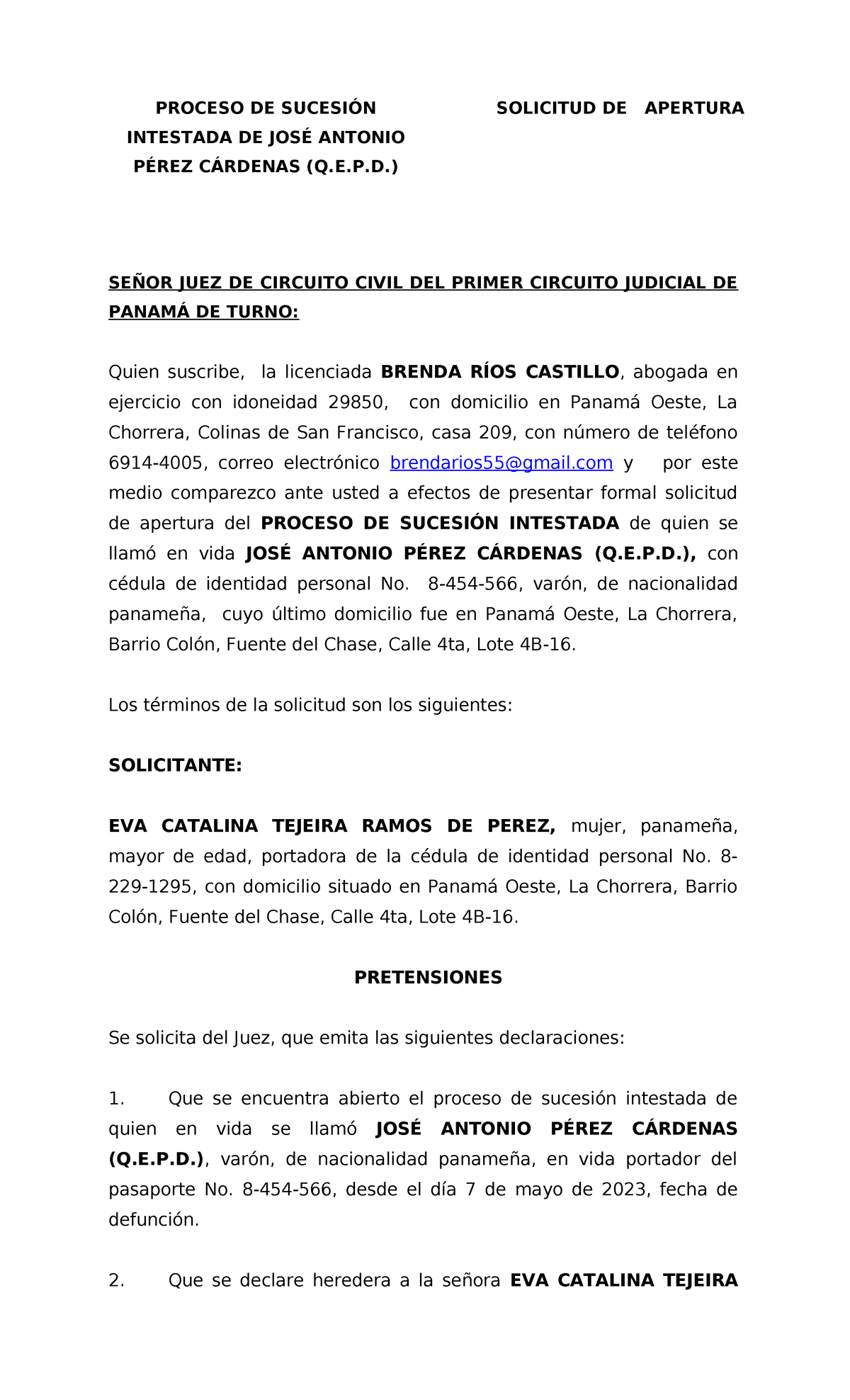 Proceso de Sucesión Intestada de José Antonio Pérez Cárdenas - Document Preview