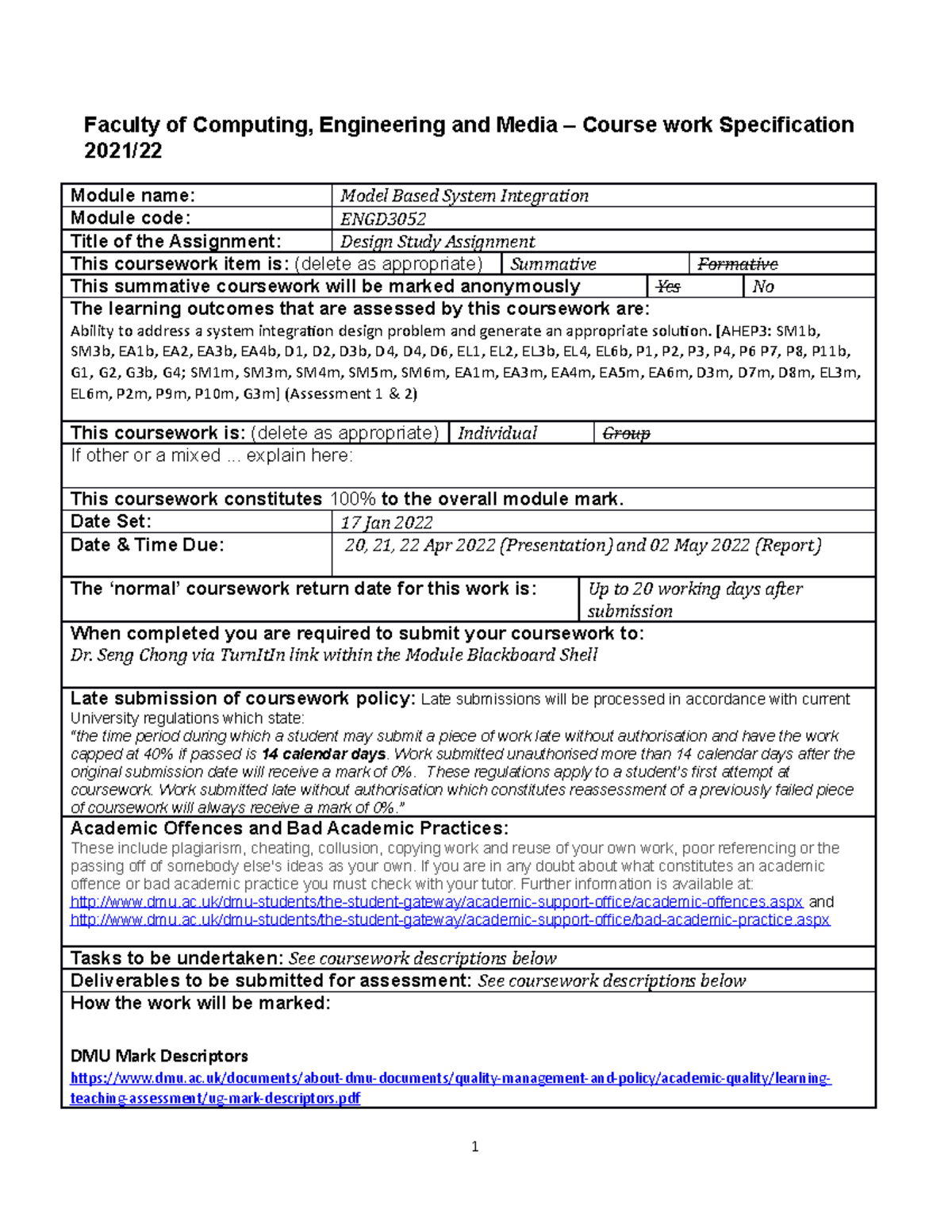 Design Study Assignment (ENGD): Model-Based System Integration Analysis ...
