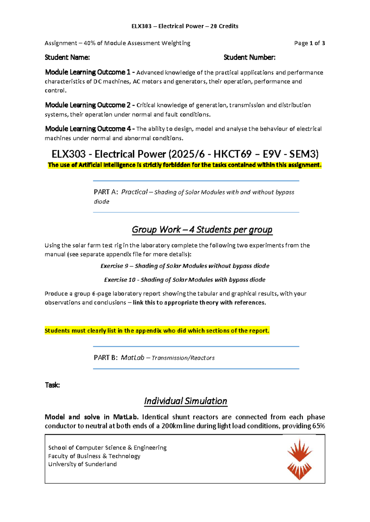 ELX303 Electrical Power Assignment: Practical & MatLab Tasks - Studocu
