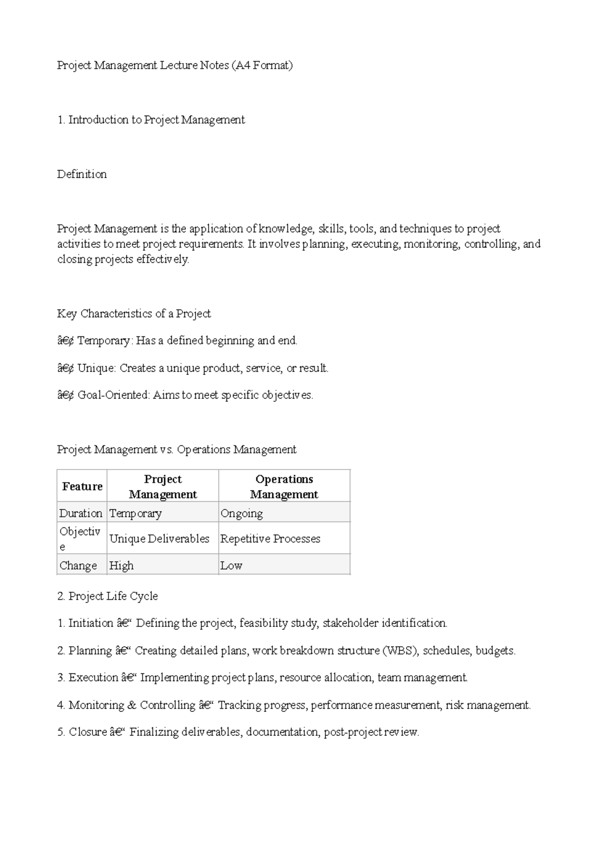 Project management lecture note - Project Management Lecture Notes (A4 ...