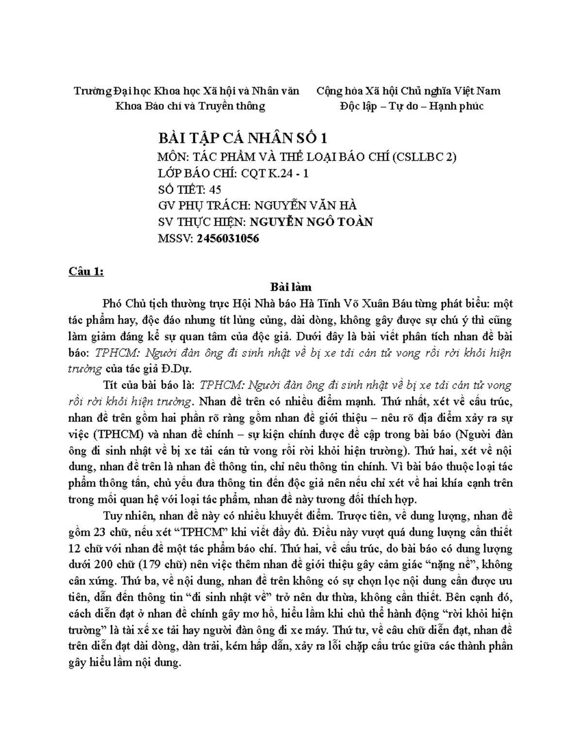 Bài Tập Cá Nhân Số 1: Tác Phẩm và Thể Loại Báo Chí (CSLLBC 2) - Document Preview