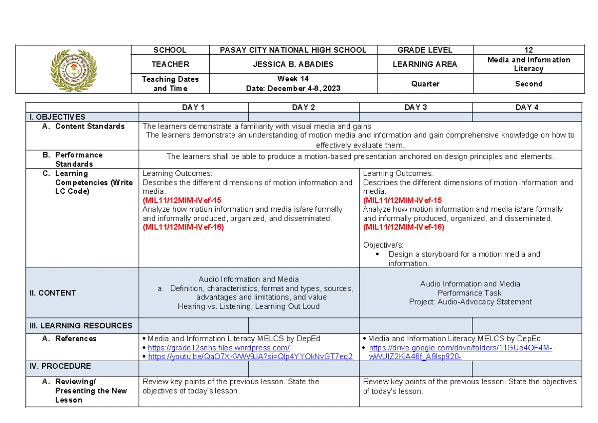 MIL 12 Q2 W12 - Media and Information Literacy Lesson Plan - Studocu