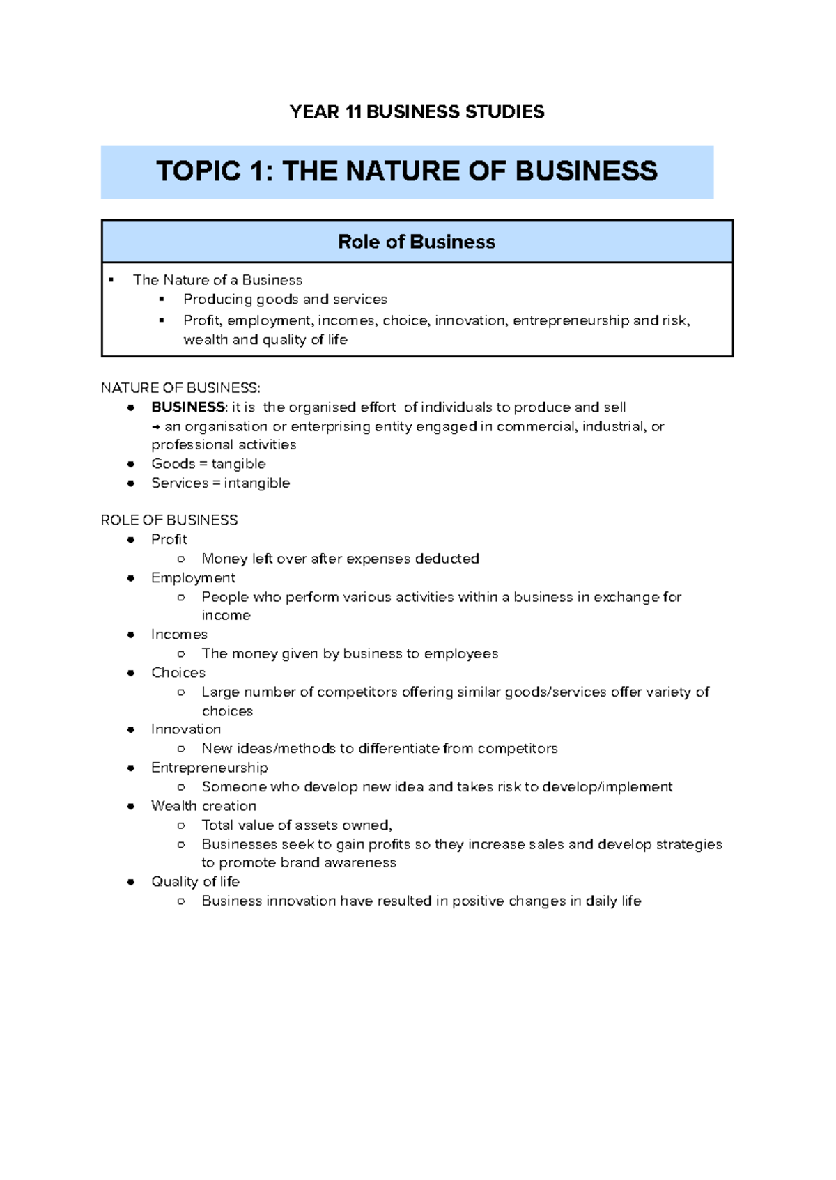 Business Notes - YEAR 11 BUSINESS STUDIES TOPIC 1: THE NATURE OF ...