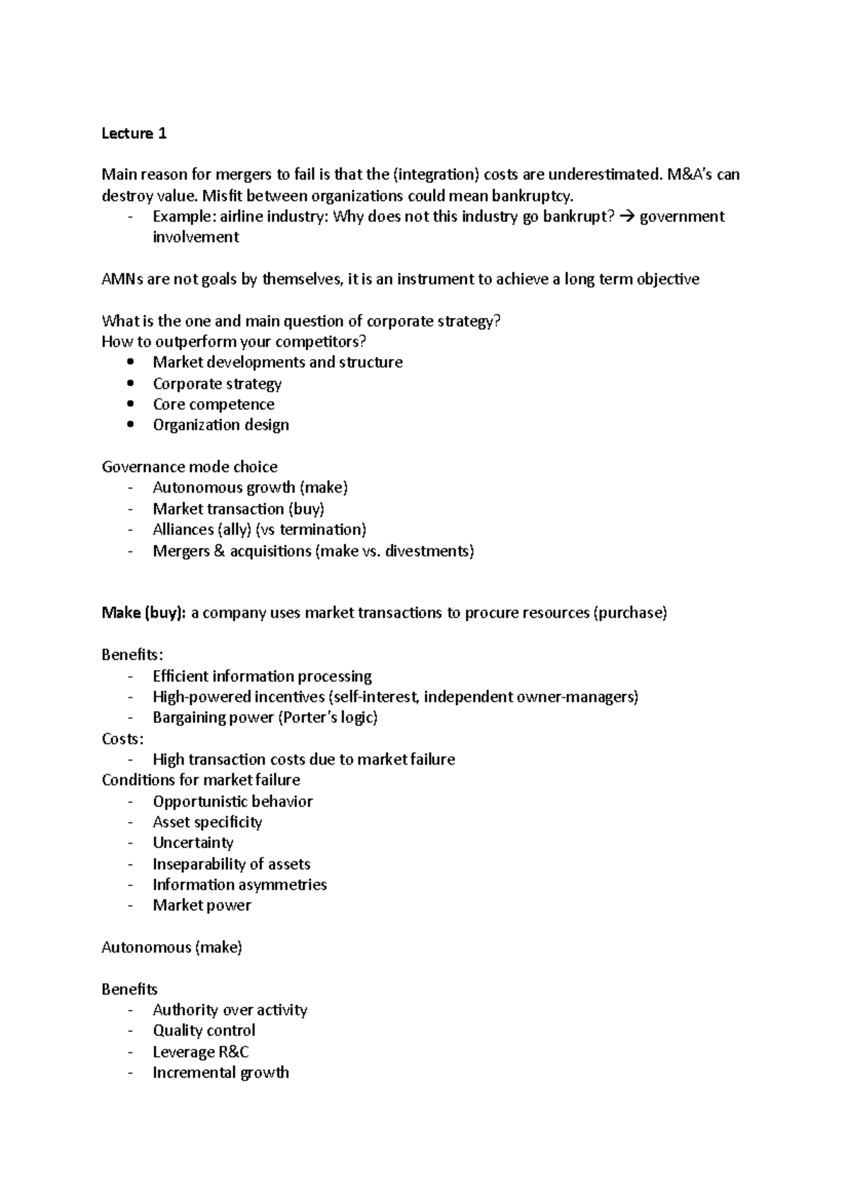 HBO 101: Lecture Notes on Mergers & Acquisitions Strategies - Studeersnel