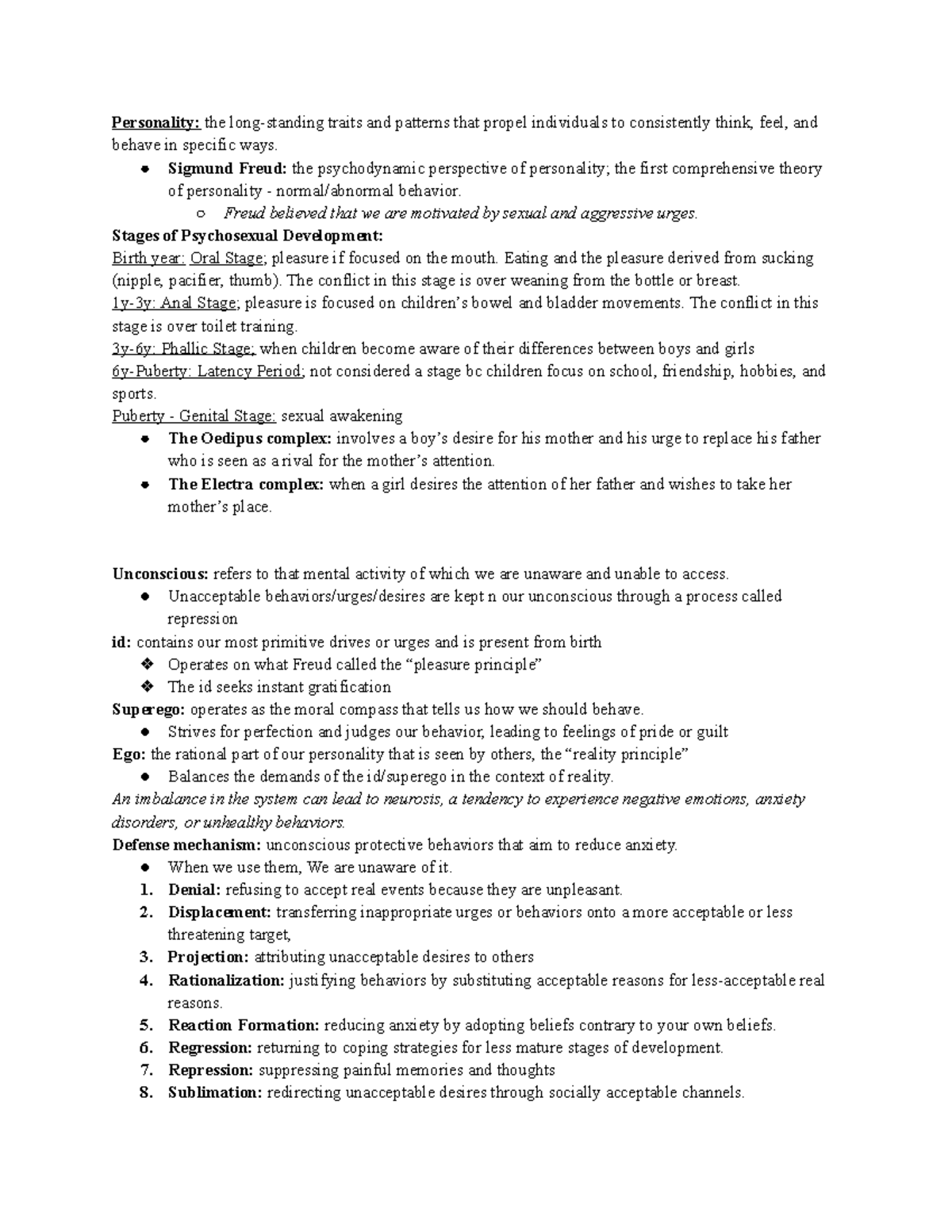 Intro to General Psychology 1101 Chapter 2 Notes - Personality: the ...