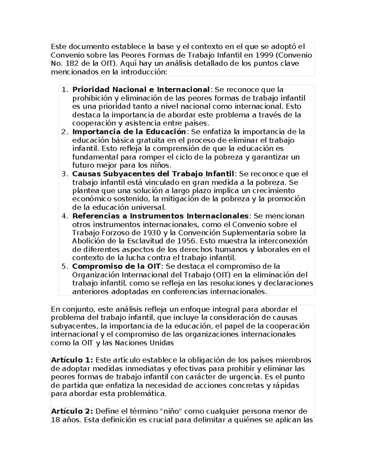 Resumen del Convenio No. 182 de la OIT sobre Trabajo Infantil - Studocu