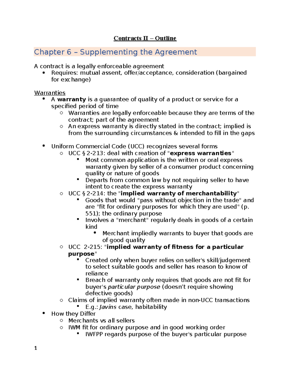 Contracts II - Outline of Key Concepts & Legal Principles - Studocu