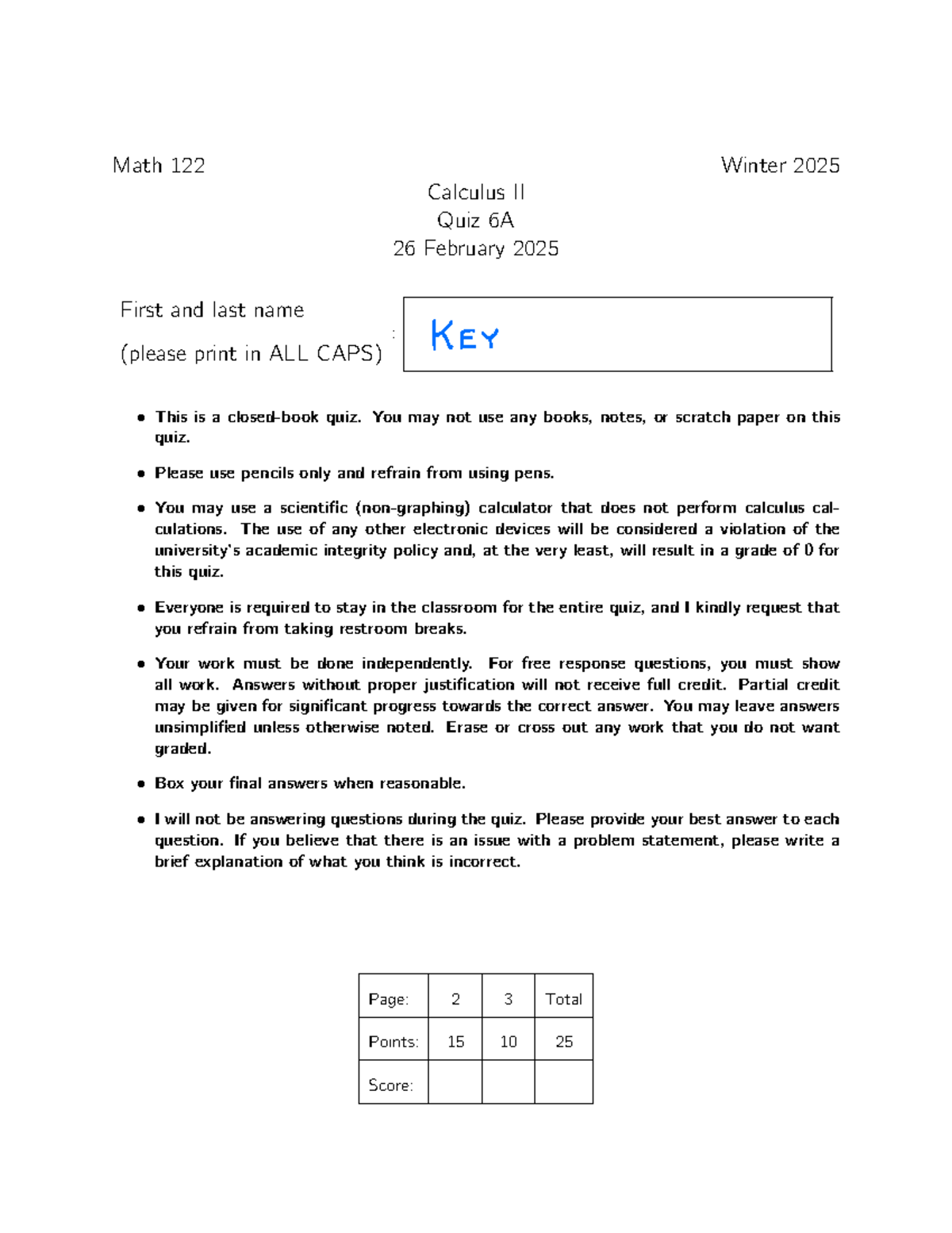 Wi25 122 Quiz 6 Solutions - Calculus II Winter 2025 - Studocu