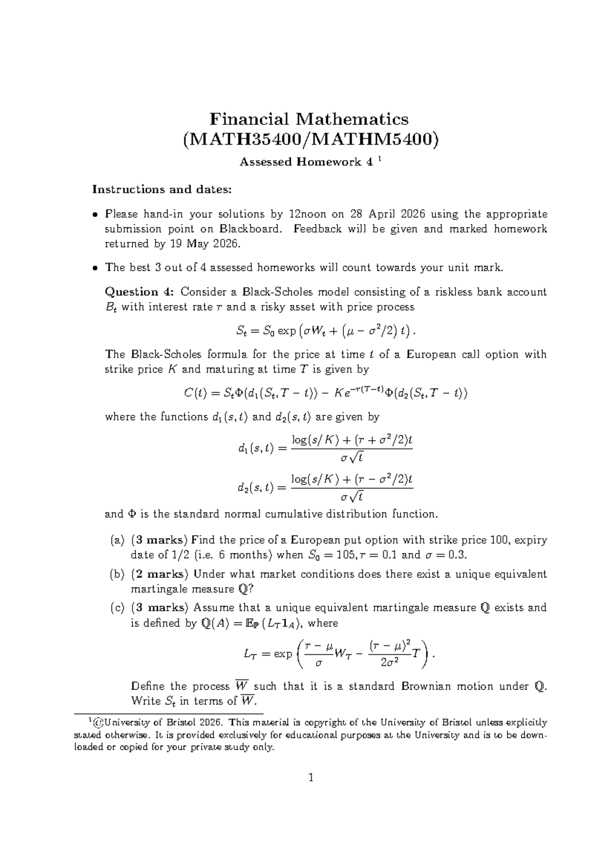 Financial Mathematics Assessed Homework 4 Solutions - Studocu