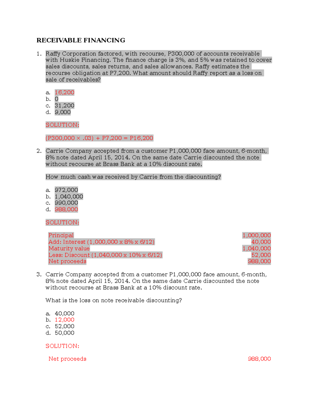 Receivable Financing Review: Key Concepts and Loss Calculations - Studocu
