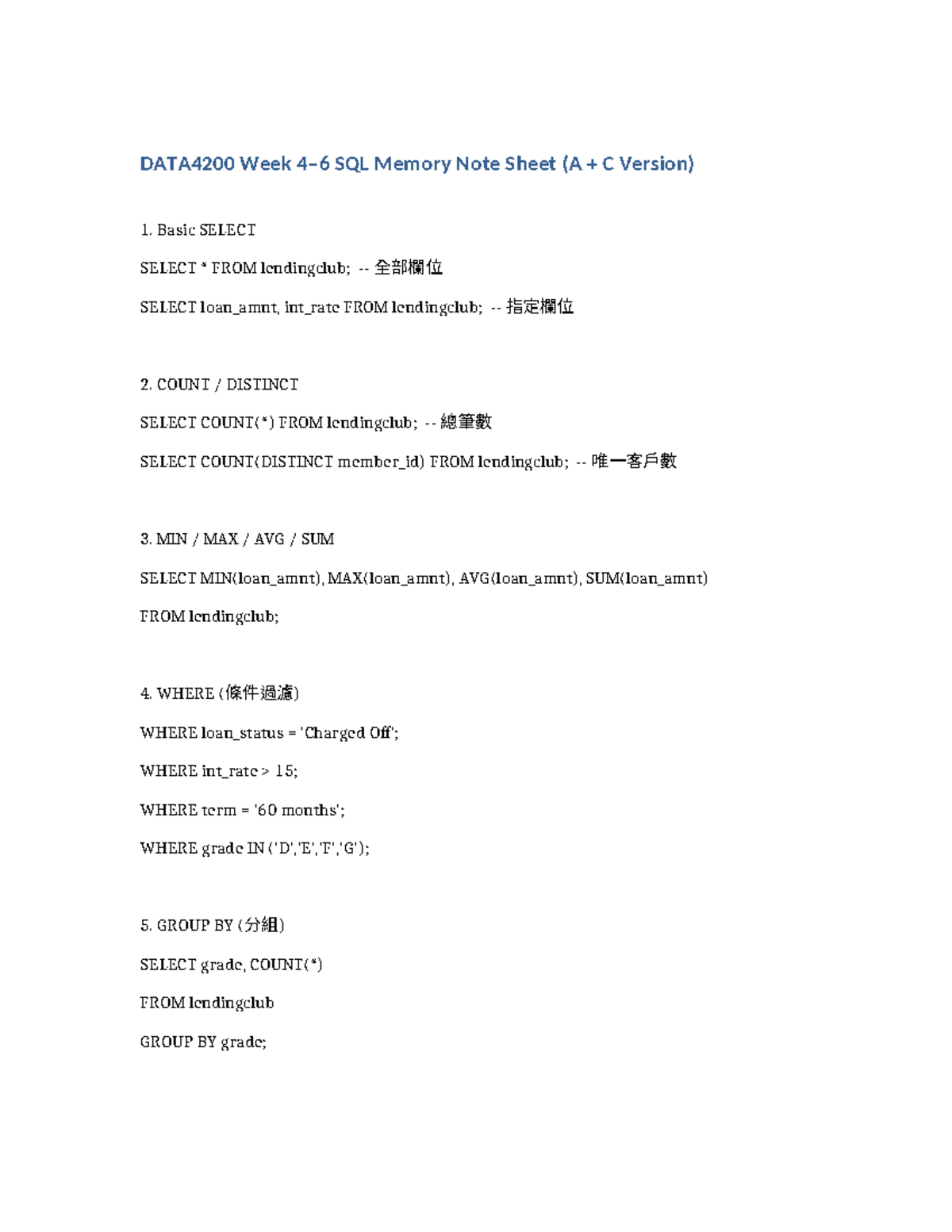 DATA4200 SQL Memory Note Sheet: Key Concepts and Queries - Studocu
