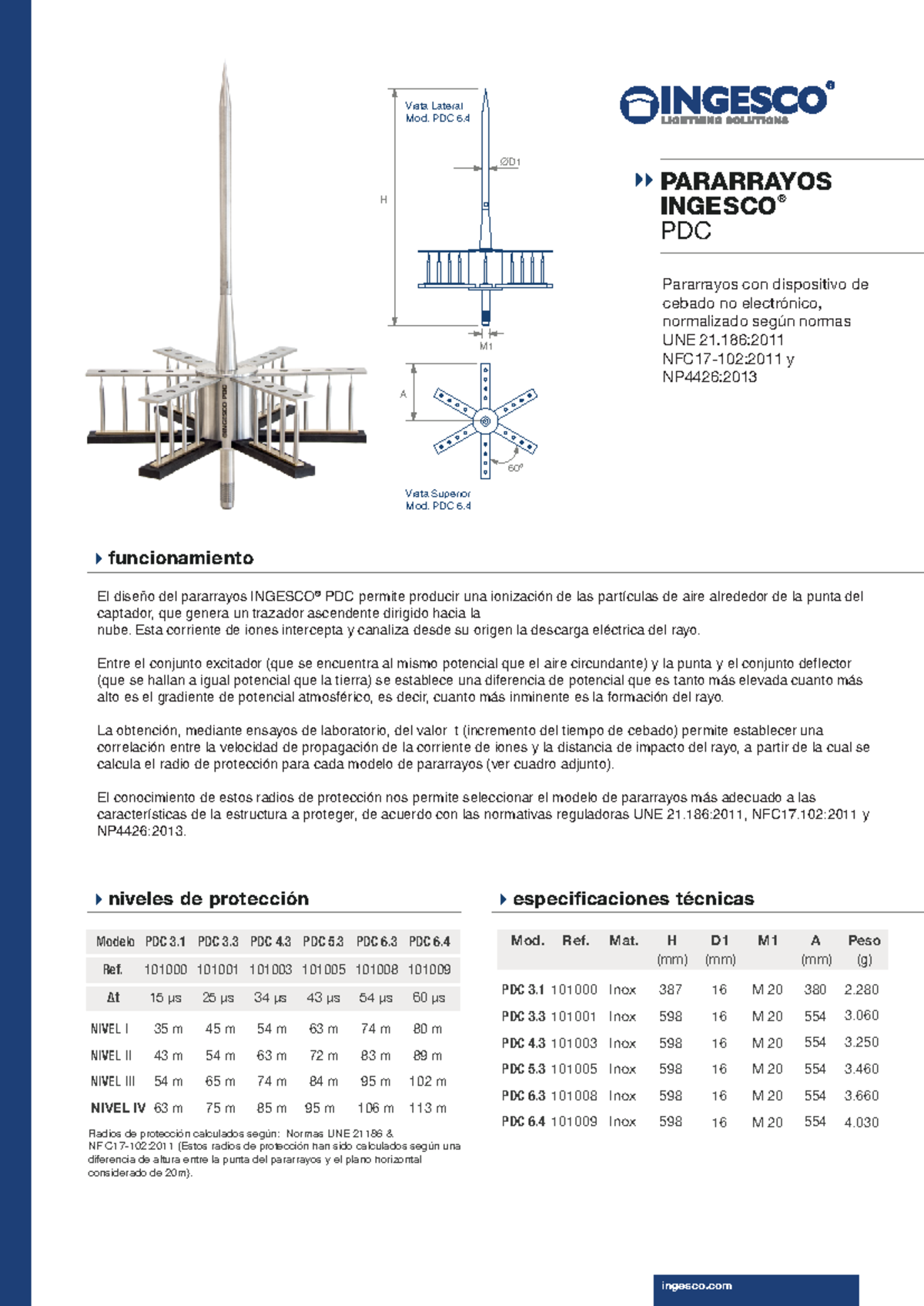 Especificaciones y Funcionamiento del Pararrayos INGESCO® PDC - Studocu