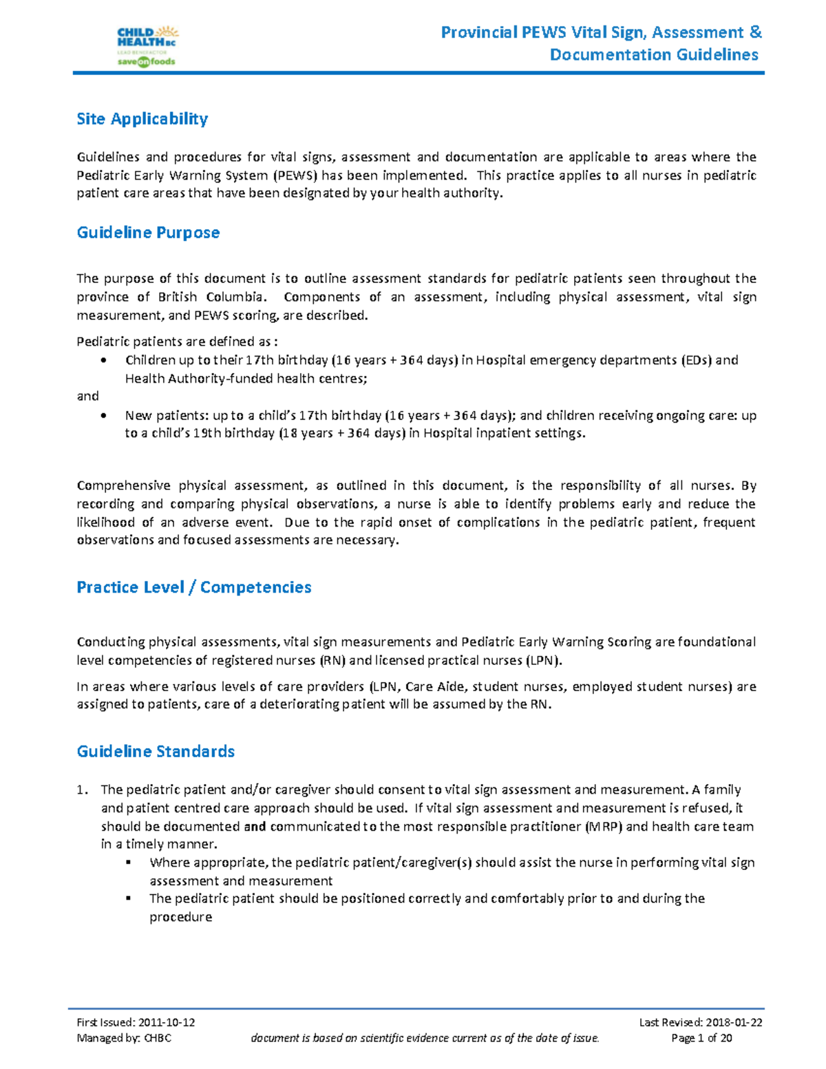 PEWS Guidelines for Pediatric Vital Signs Assessment and Documentation ...
