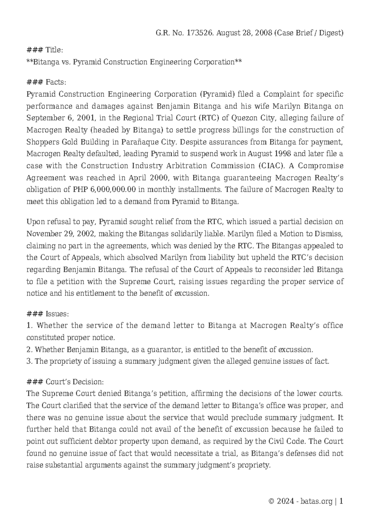 **G.R. No. 173526: Case Digest on Bitanga vs. Pyramid Const. Eng'g Corp ...