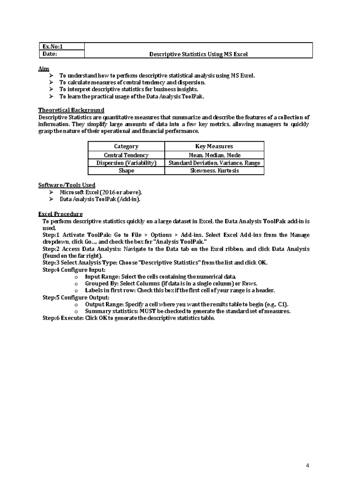 Descriptive Statistics Using MS Excel: Ex.No:1 Analysis Guide - Studocu