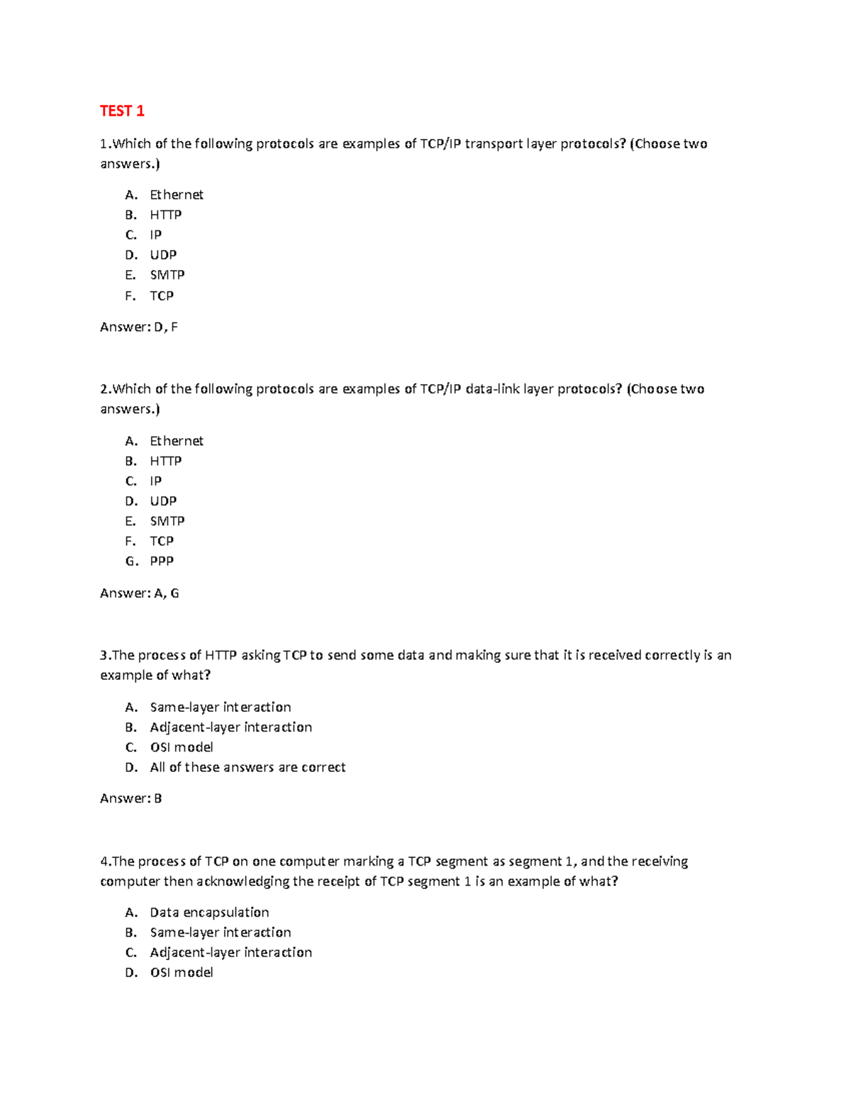 Test 1: Transport Layer Protocols and Networking Concepts - Studocu