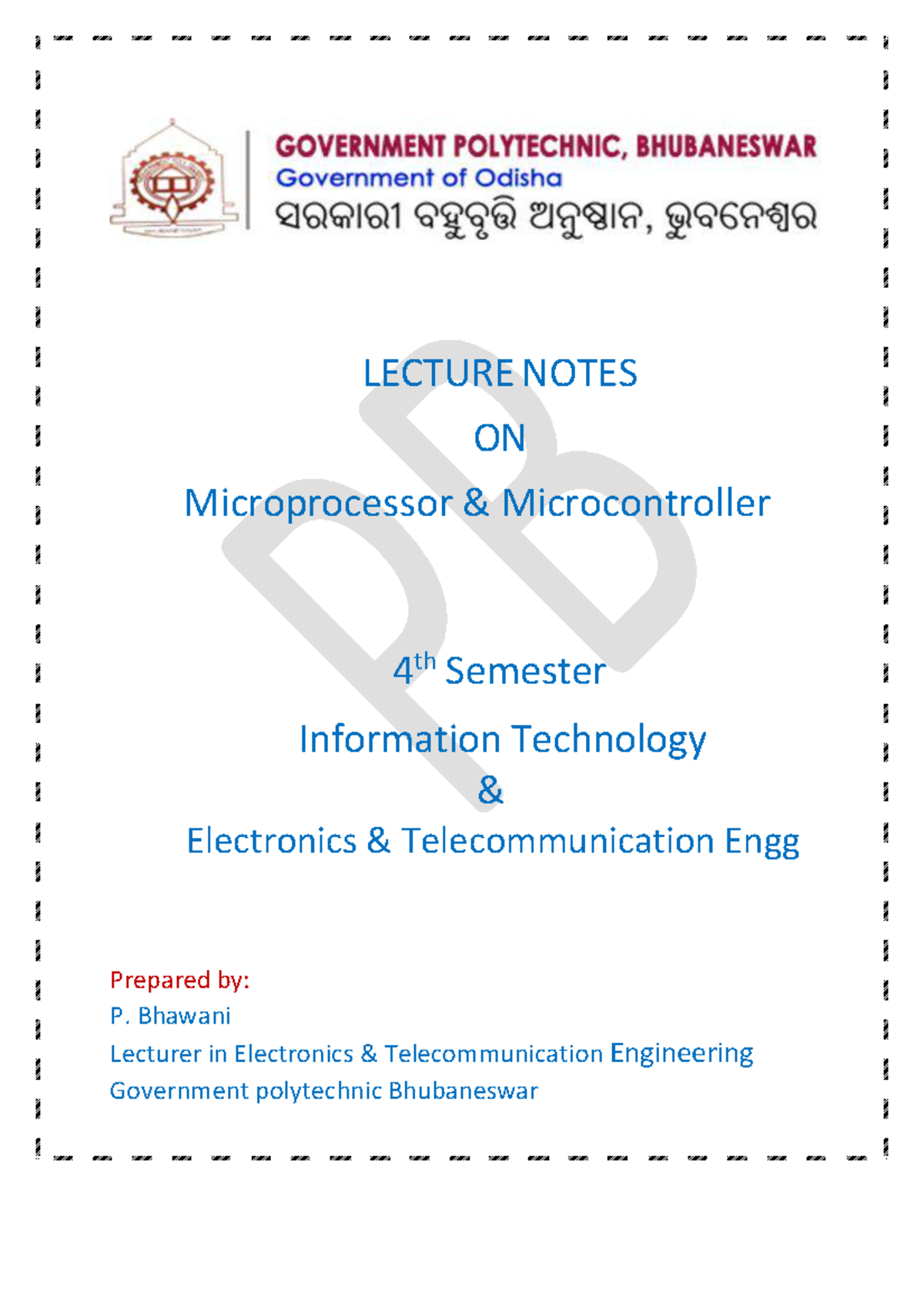 LECTURE NOTES ON Microprocessor 4th Semester IT (Electronics & Telecomm ...