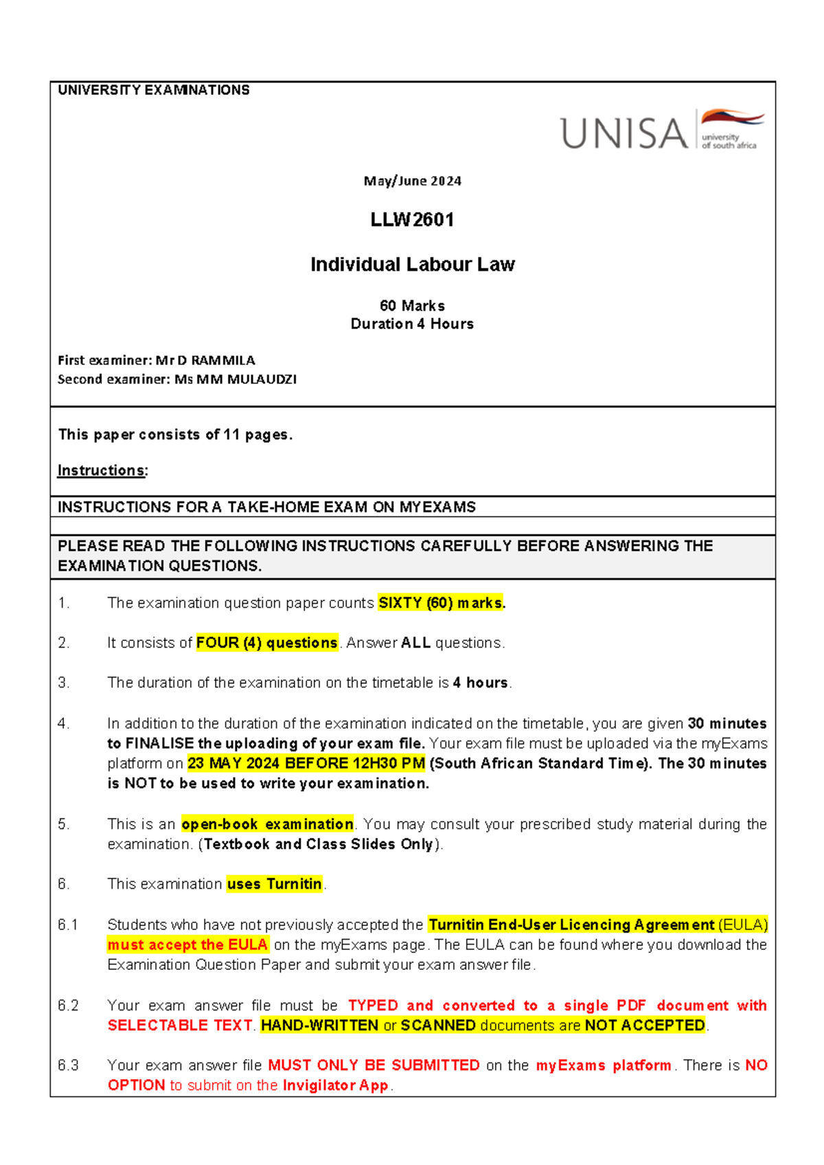 LLW2601 May/June 2024 Labour Law Exam Instructions and Guidelines - Studocu