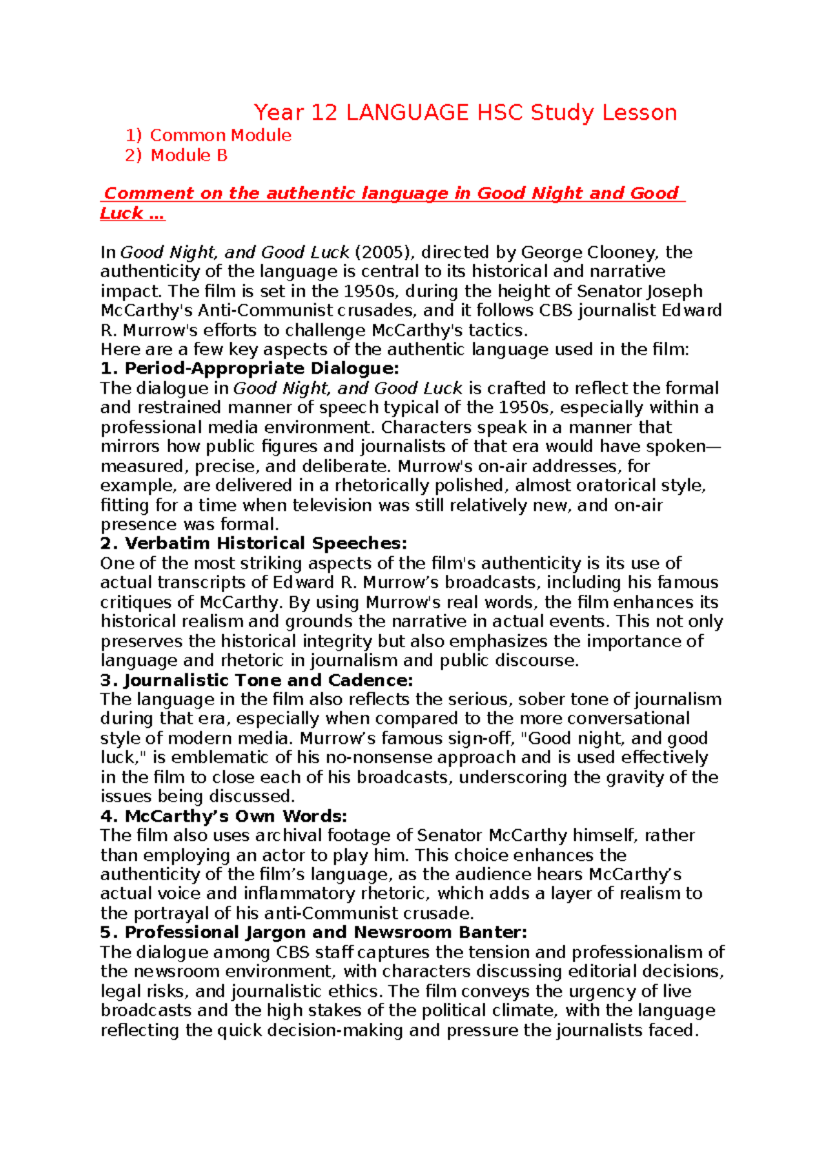 Year 12 LANGUAGE HSC Study: Lesson on Authentic Language in Good Night ...