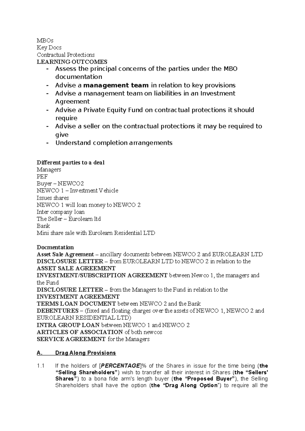 SGS 10 - MBOs Contractual Protections & Key Documentation Notes - Studocu