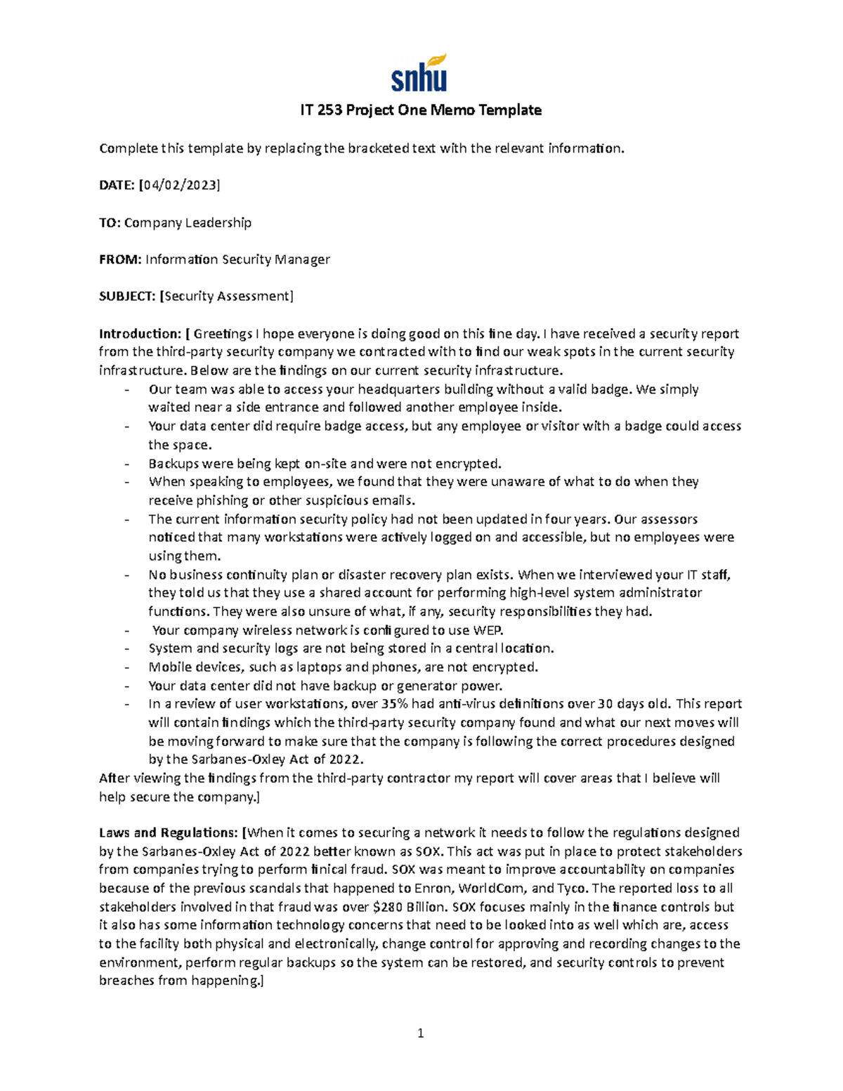 ITIT 253 Project One - Security Assessment Memo Template - Studocu