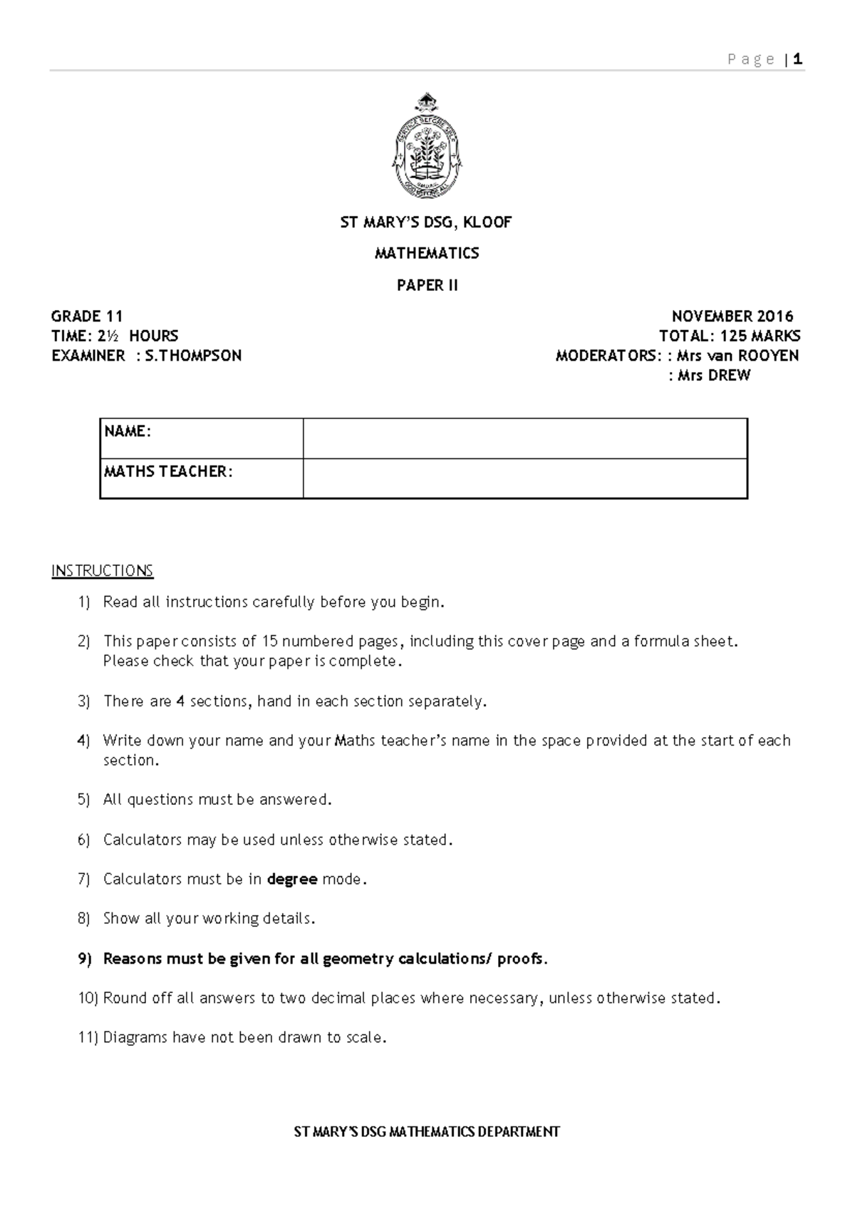 Grade 11 Maths Paper II Nov 2016 - IEB Exam QP - Studocu