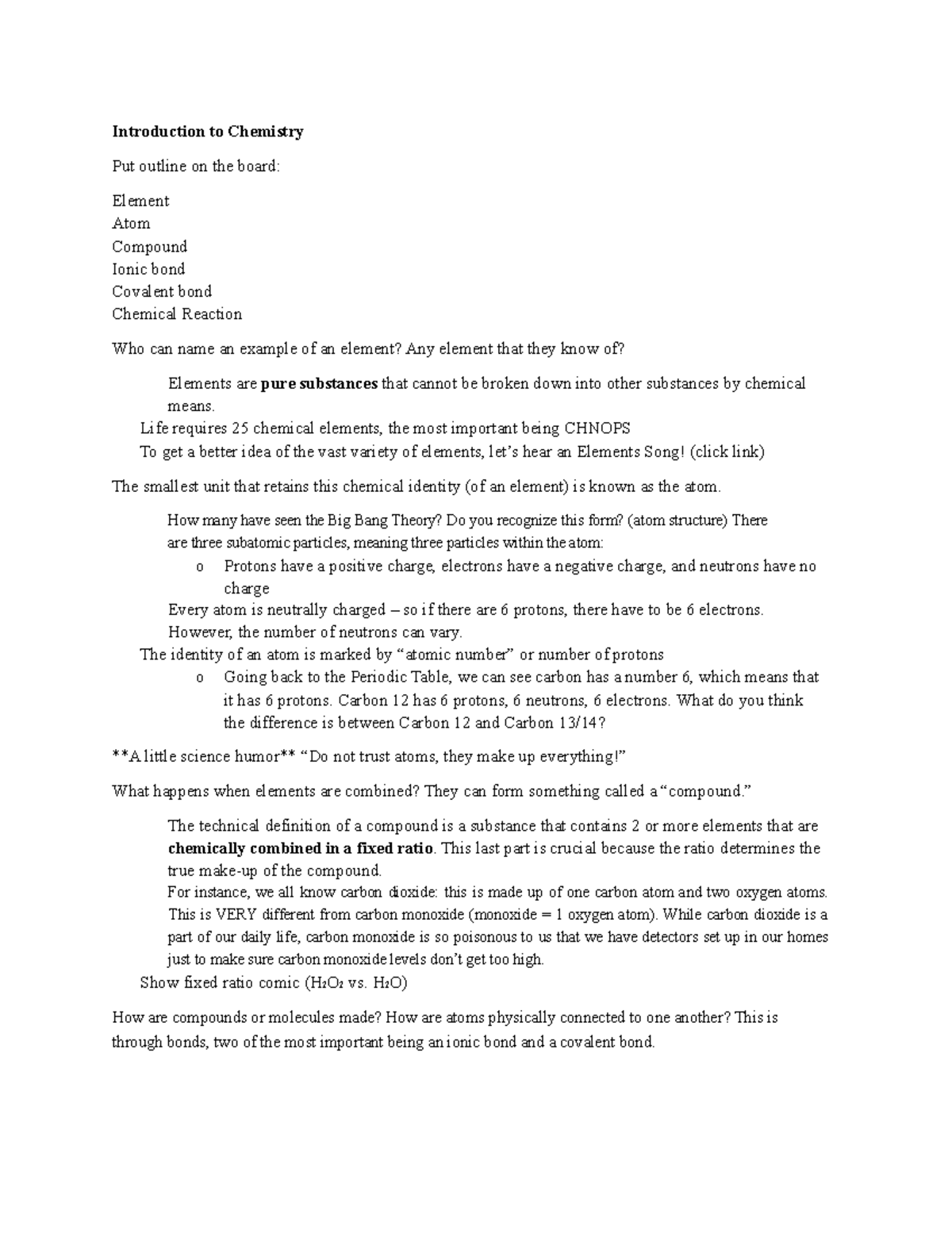 Introduction to Chemistry - Life requires 25 chemical elements, the ...