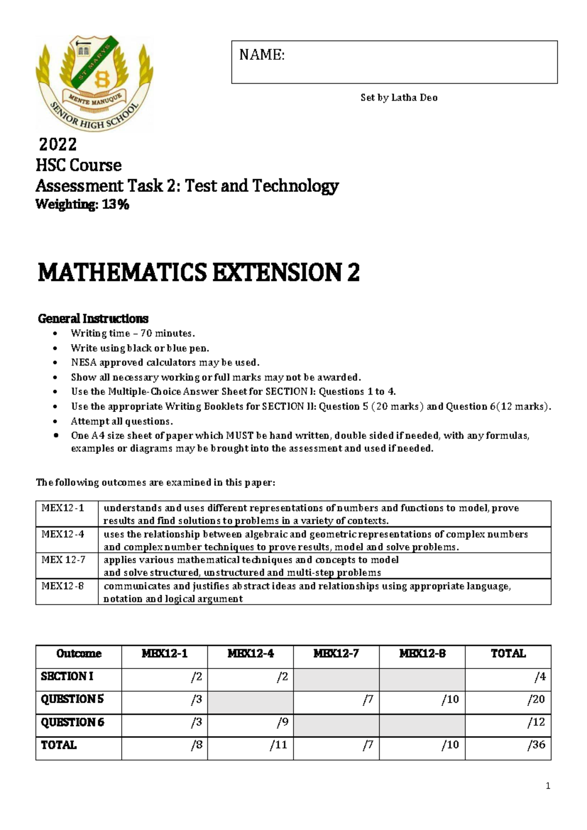 2022-Maths Extension 2 - Assessment 2 - 2022 HSC Course Assessment Task ...