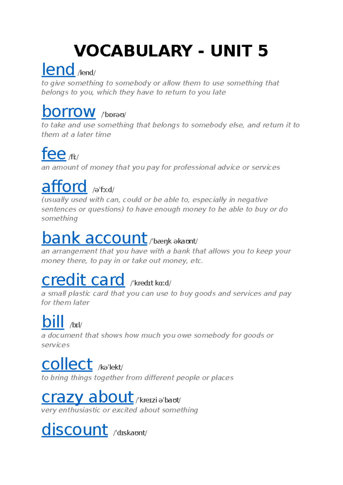 Vocabulary Unit 5 - Key Terms and Definitions - Studocu